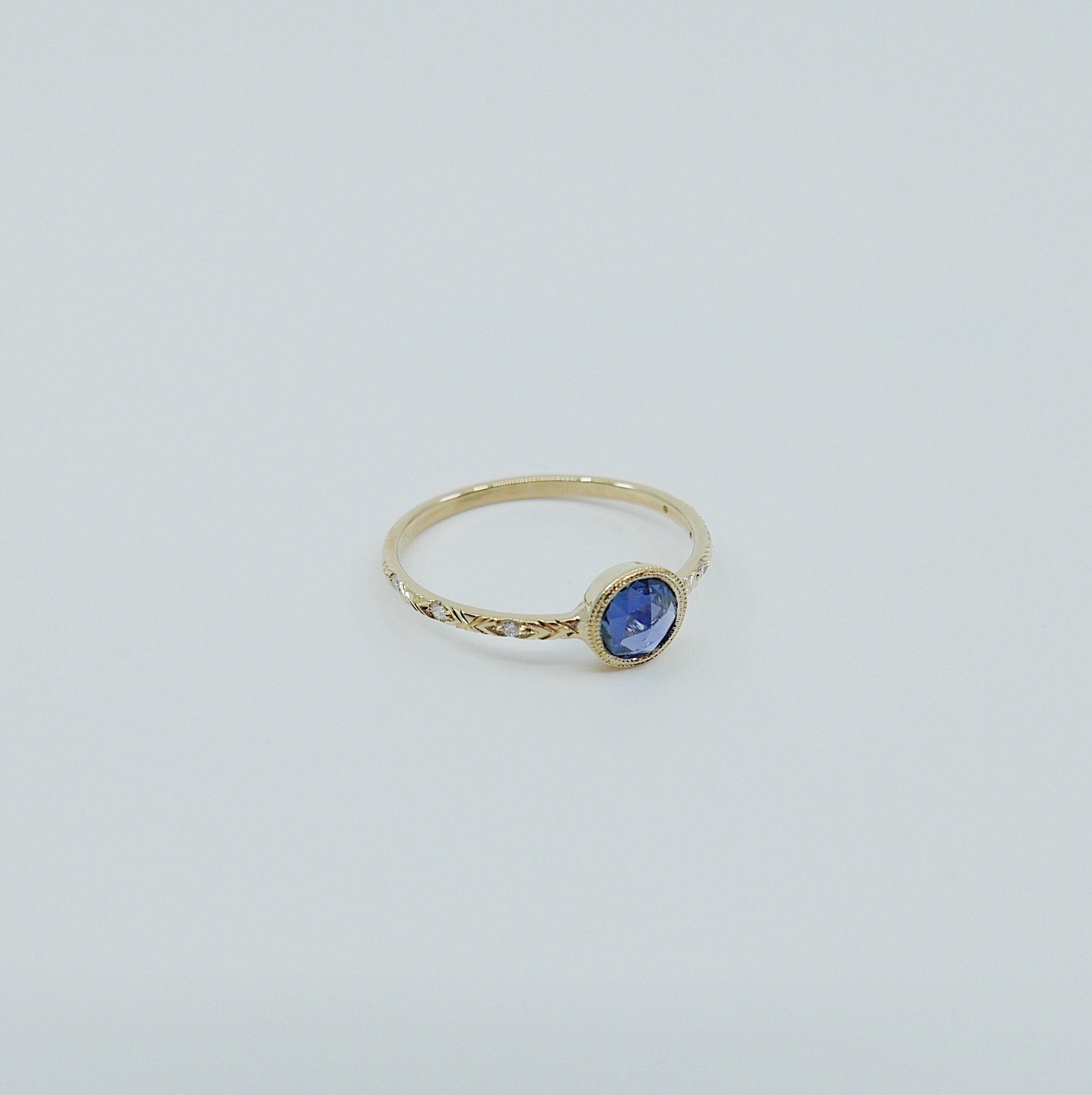 Juliette engraved diamond band rose cut blue sapphire ring, gold solitaire ring, bezel stone ring, 14k gold sapphire ring, gold diamond band