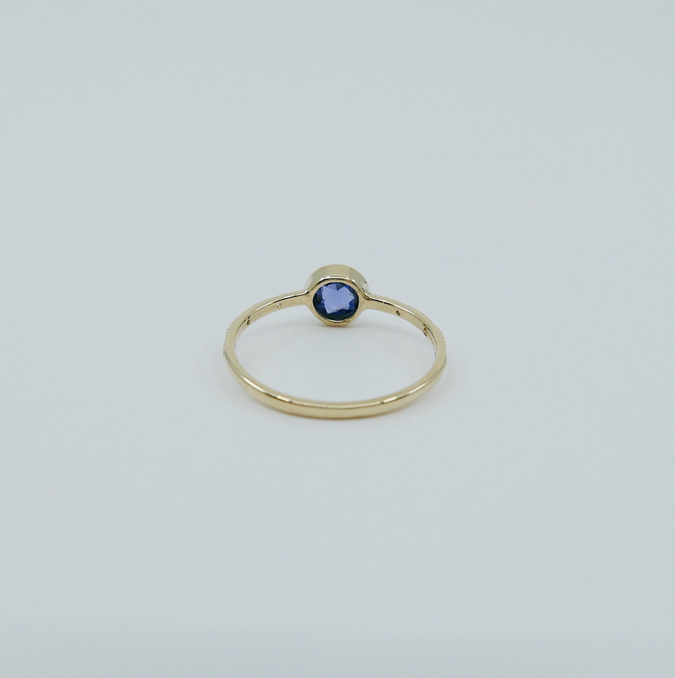 Juliette engraved diamond band rose cut blue sapphire ring, gold solitaire ring, bezel stone ring, 14k gold sapphire ring, gold diamond band