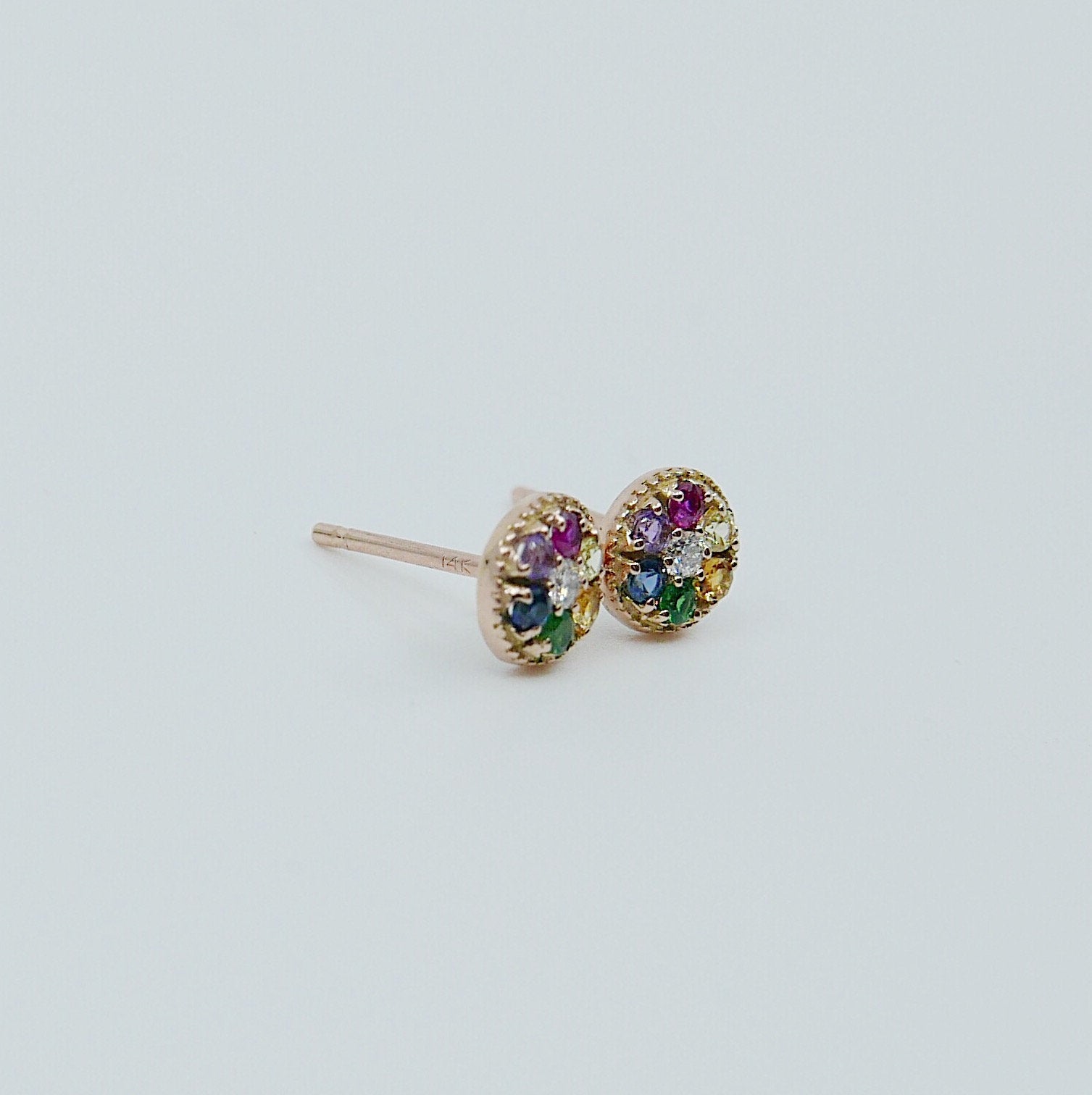 Painter's Palette Earring, 14k multicolor stone circle earring, mini diamond stud earring, rainbow circle hook earring