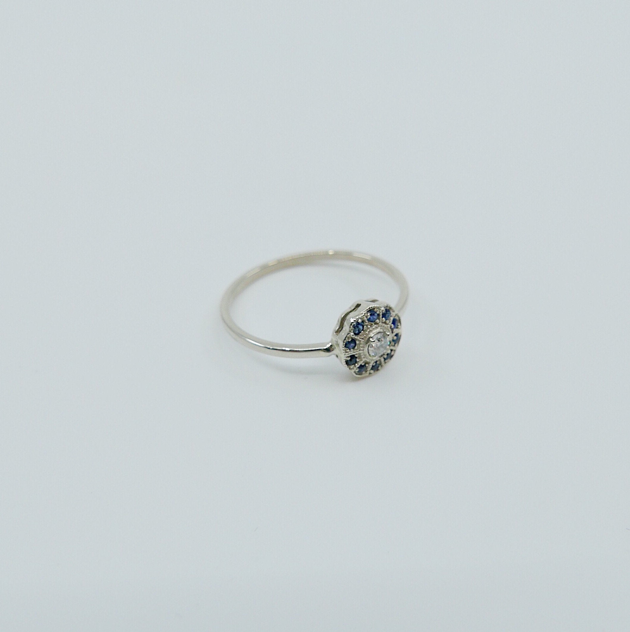 Flora Sapphire ring, 14k Gold Sapphire flower ring, 14k gold sapphire and diamond ring, alternative engagement ring