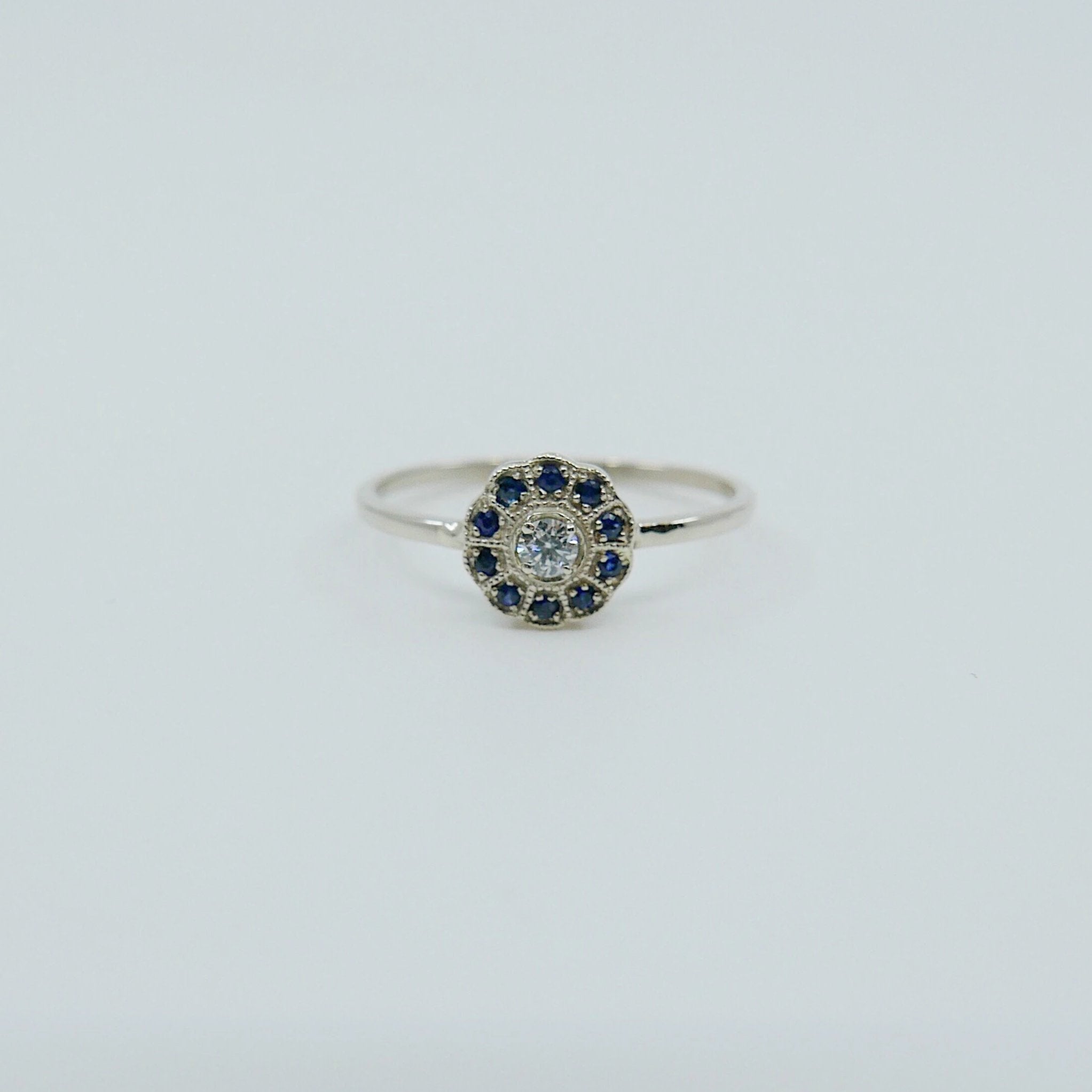 Flora Sapphire ring, 14k Gold Sapphire flower ring, 14k gold sapphire and diamond ring, alternative engagement ring