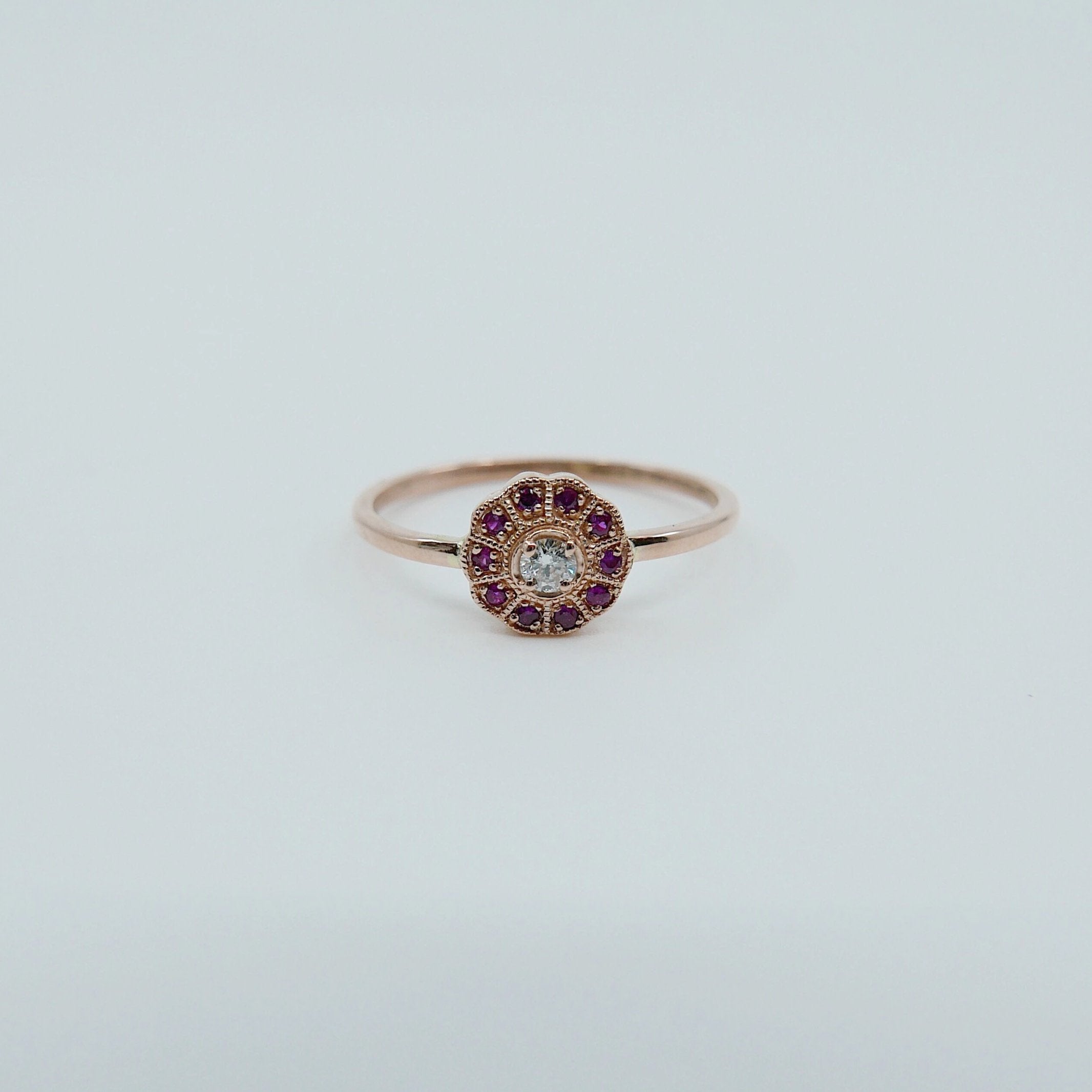 Flora Ruby ring, Gold Ruby flower ring, 14k gold ruby and diamond cluster ring, alternative engagement ring