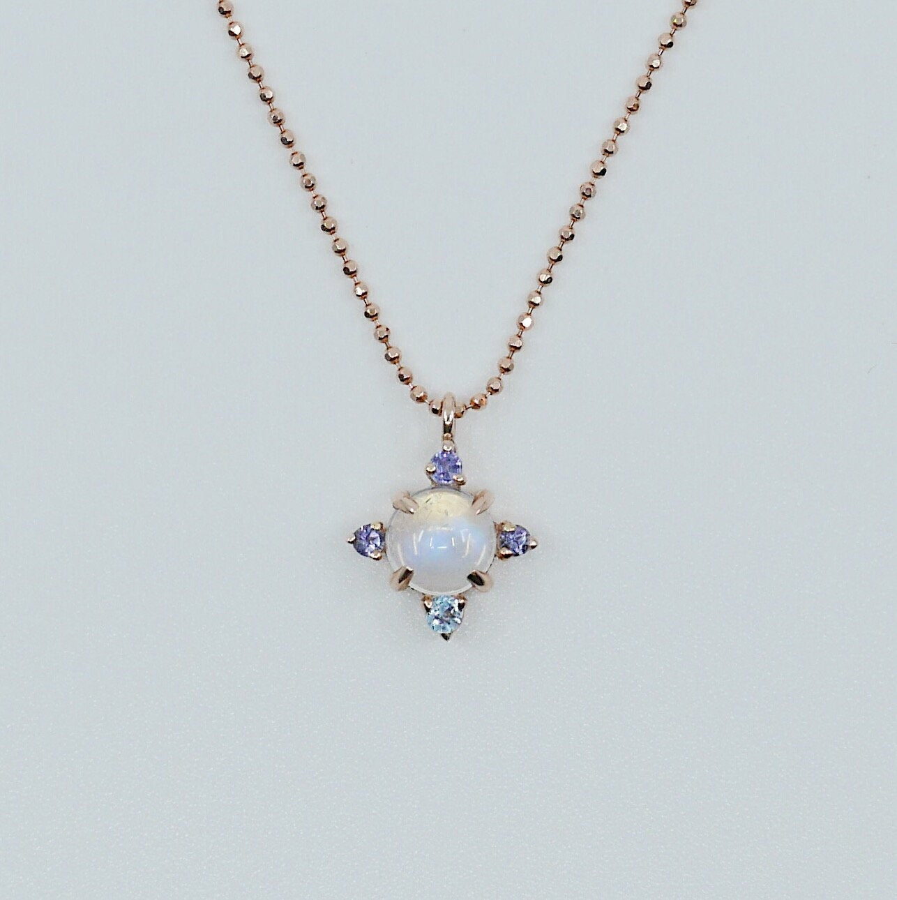 Compass Moonstone Necklace, round moonstone aquamarine iolite & tanzanite necklace, 14k gold moonstone cross necklace, pendant necklace