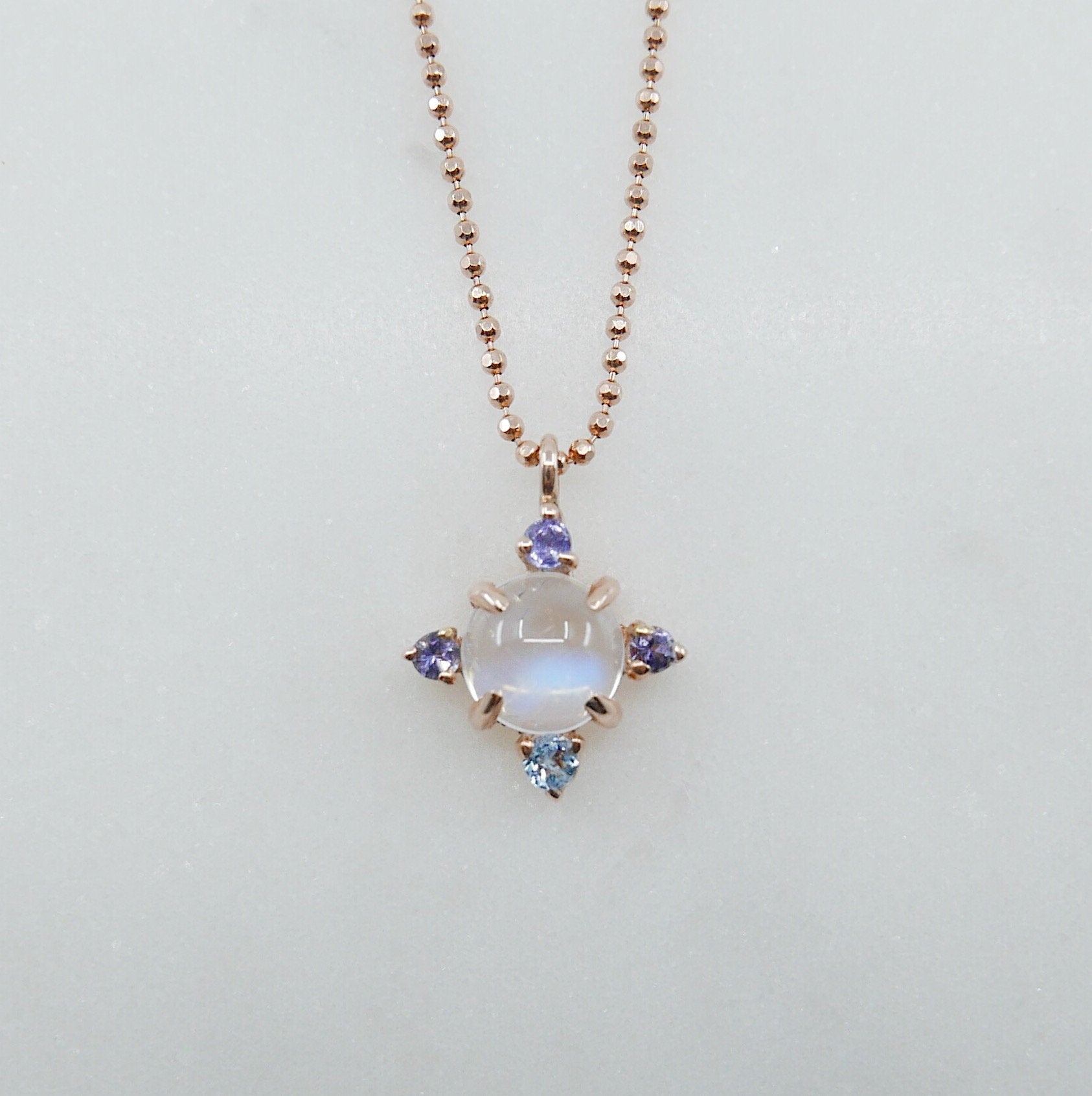 Compass Moonstone Necklace, round moonstone aquamarine iolite & tanzanite necklace, 14k gold moonstone cross necklace, pendant necklace