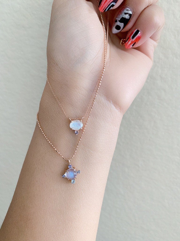 Compass Moonstone Necklace, round moonstone aquamarine iolite & tanzanite necklace, 14k gold moonstone cross necklace, pendant necklace