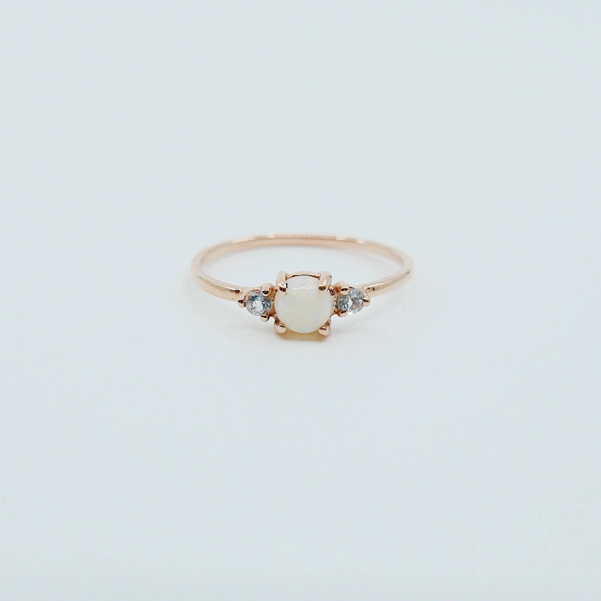 Penny Opal three stone ring, three stone ring, opal and aquamarine ring, 14k gold opal ring, 3 stone opal ring