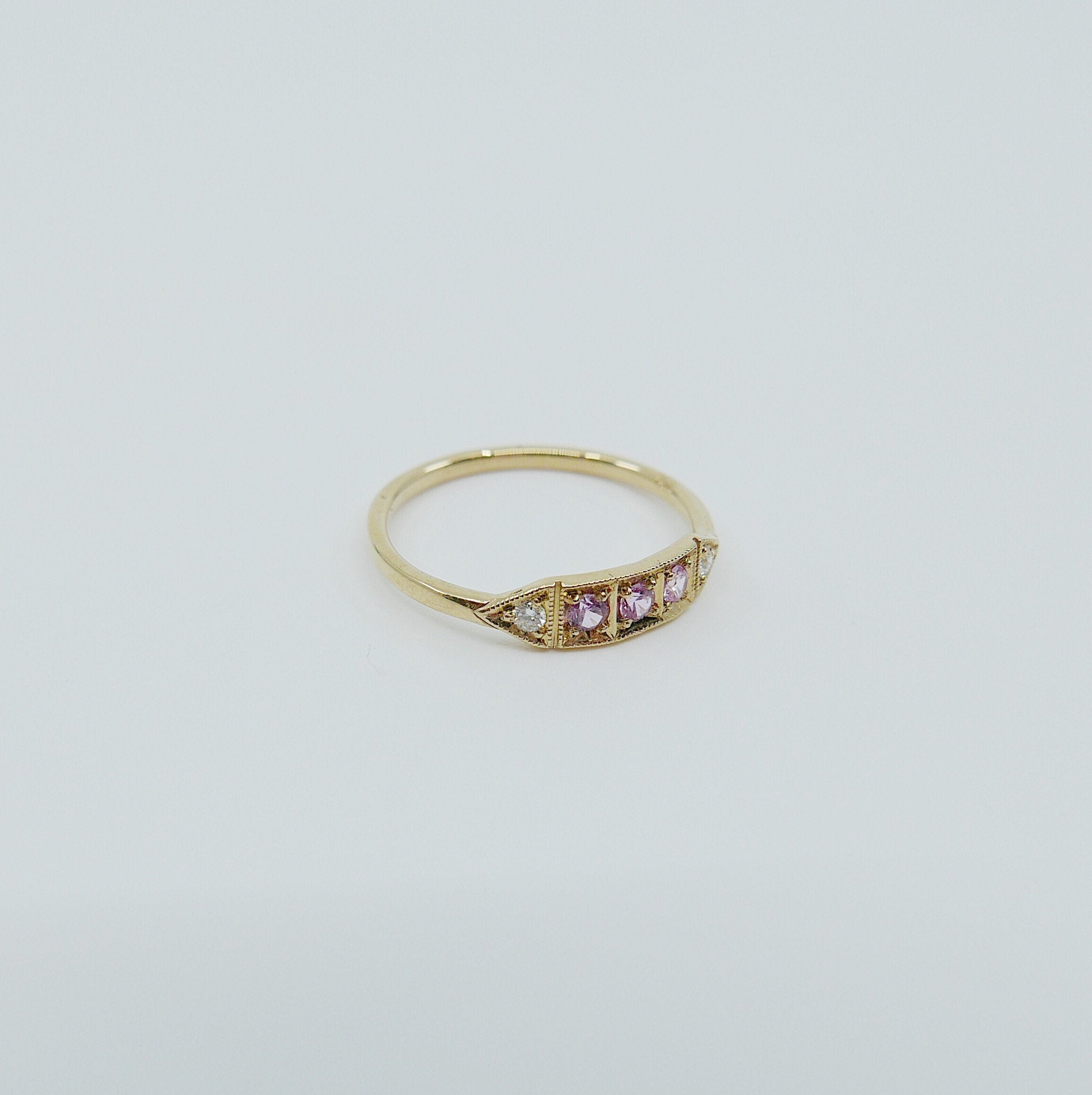 Ms. Goodbar Pink Sapphire ring, 14k Stacking ring, Diamond and pink sapphire ring, Five stone ring, Diamond Bar ring, Pink Sapphire Bar ring