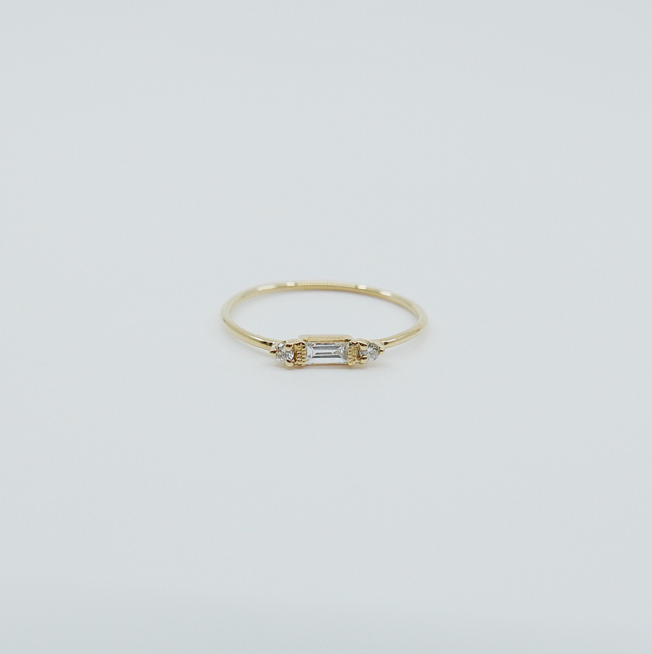 Grand Baguette Ring, 14k Stacking baguette ring, Diamond baguette ring, Three stone ring, Diamond stacking ring, Baguette band, Dainty ring