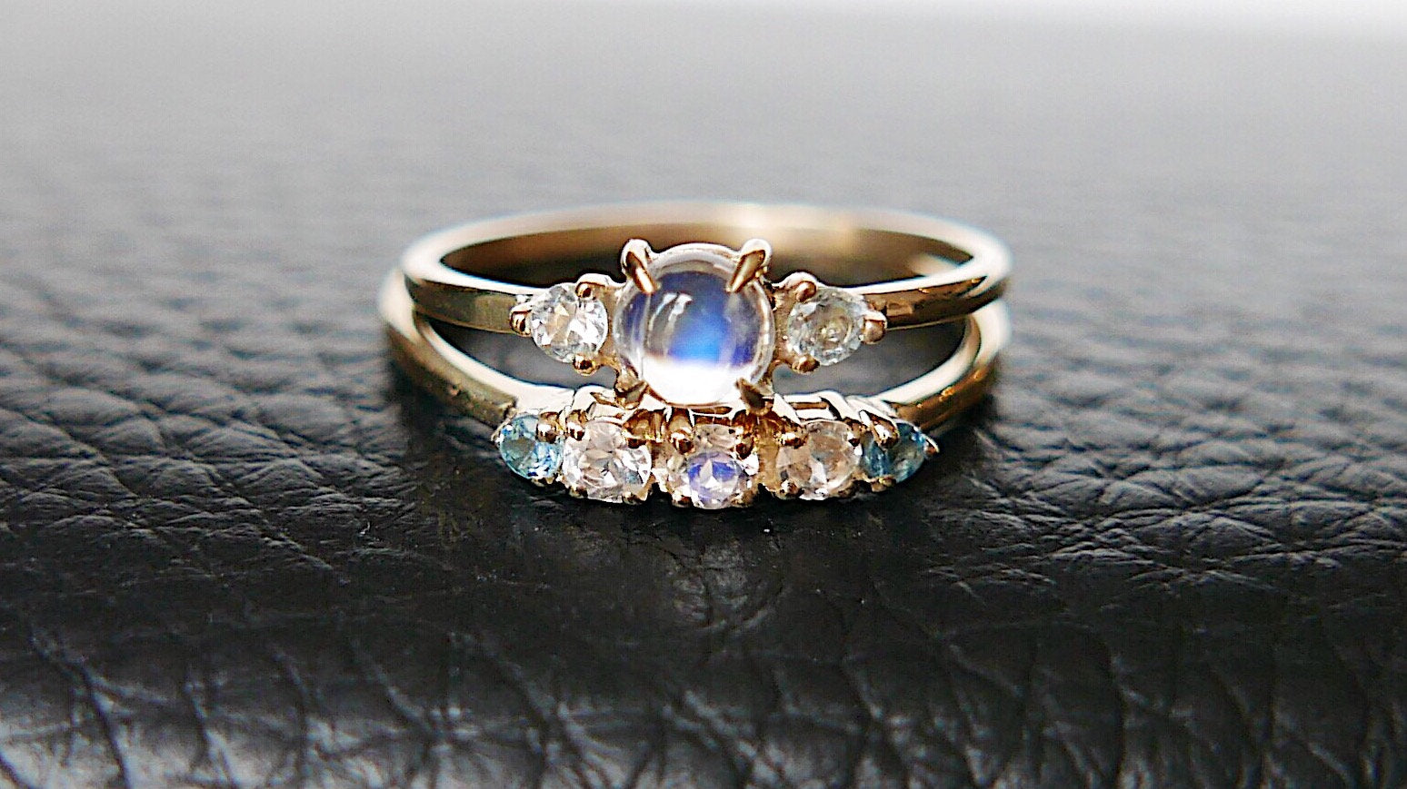 Penny Moonstone three stone ring, three stone ring, moonstone and aquamarine ring, 14k gold rainbow moonstone ring, 3 stone moonstone ring