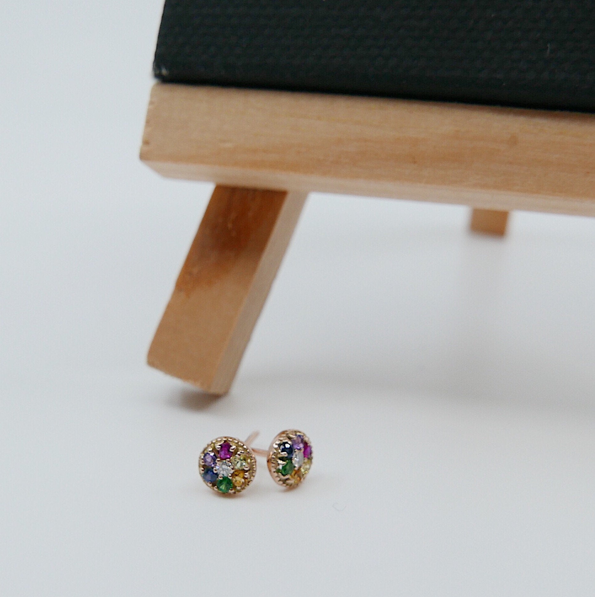 Painter's Palette Earring, 14k multicolor stone circle earring, mini diamond stud earring, rainbow circle hook earring