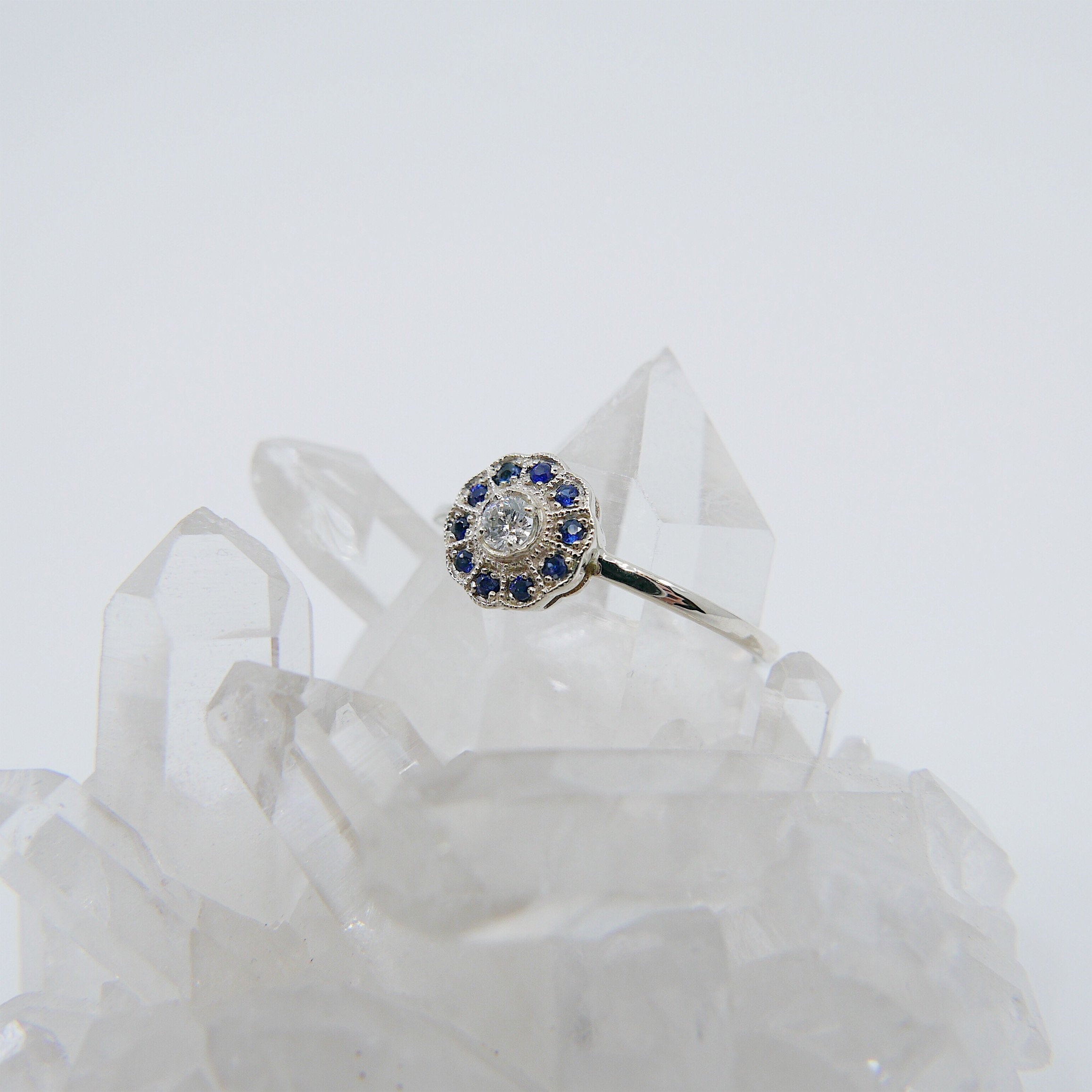 Flora Sapphire ring, 14k Gold Sapphire flower ring, 14k gold sapphire and diamond ring, alternative engagement ring