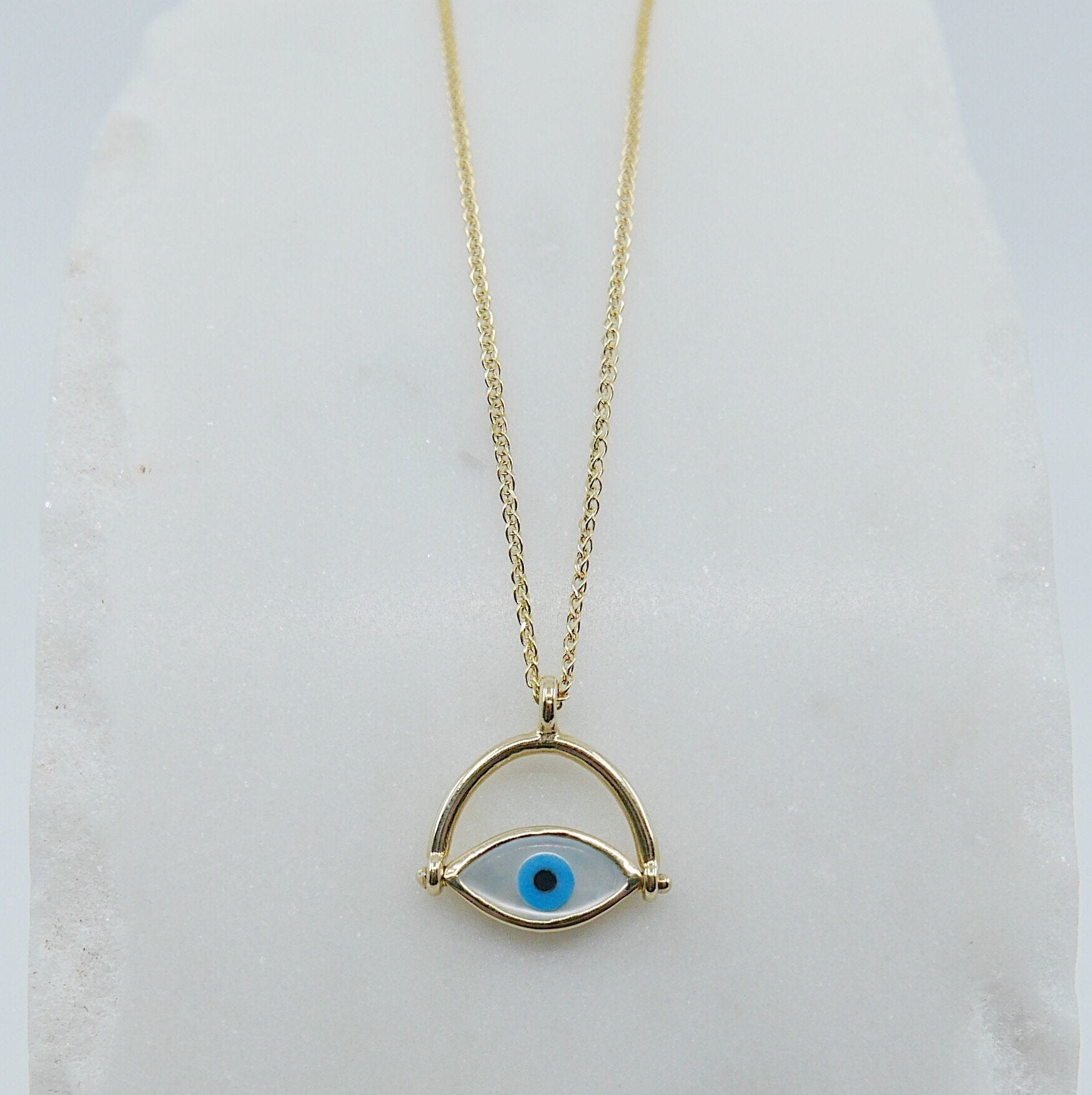 Eye Roll Necklace, mother of pearl pendant, spinning charm, hamsa, third eye necklace, Protect me necklace