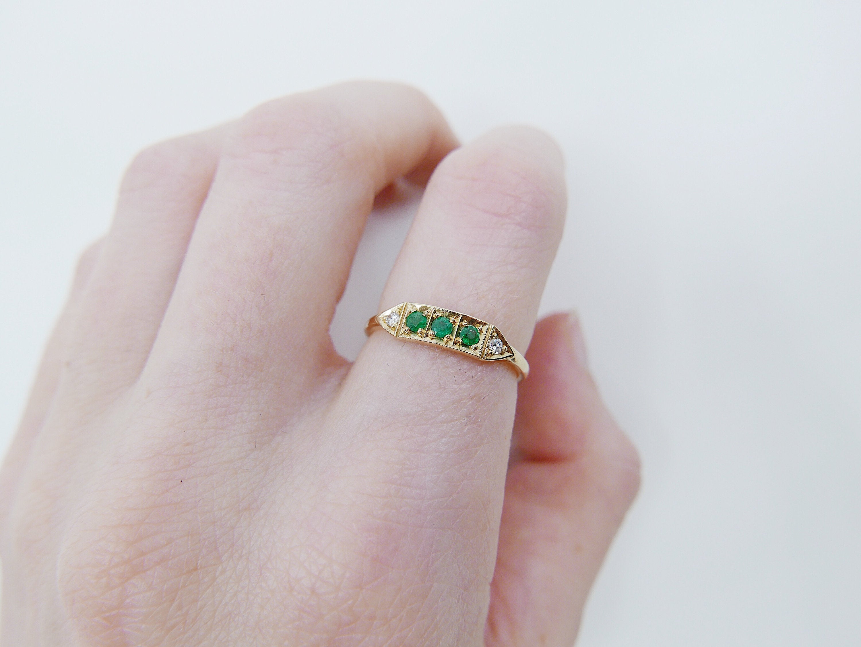 Ms. Goodbar Emerald ring, 14k Stacking ring, Diamond and emerald ring, Five stone ring, Diamond Bar ring, Emerald Bar ring, Dainty band