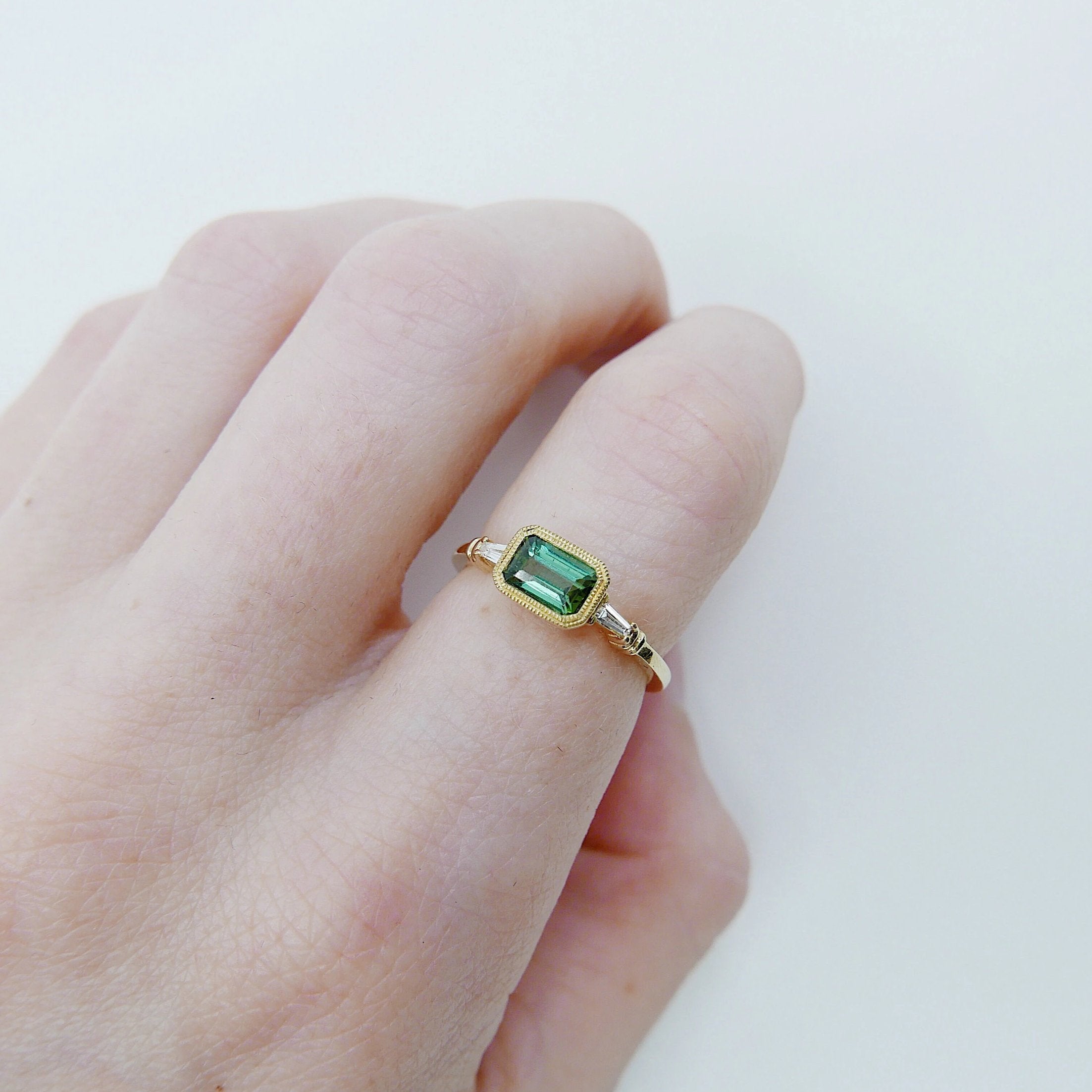 Maggey Green Tourmaline Ring, 14k Stacking ring, Diamond and tourmaline ring, Tourmaline ring, Diamond ring, Vintage inspired ring