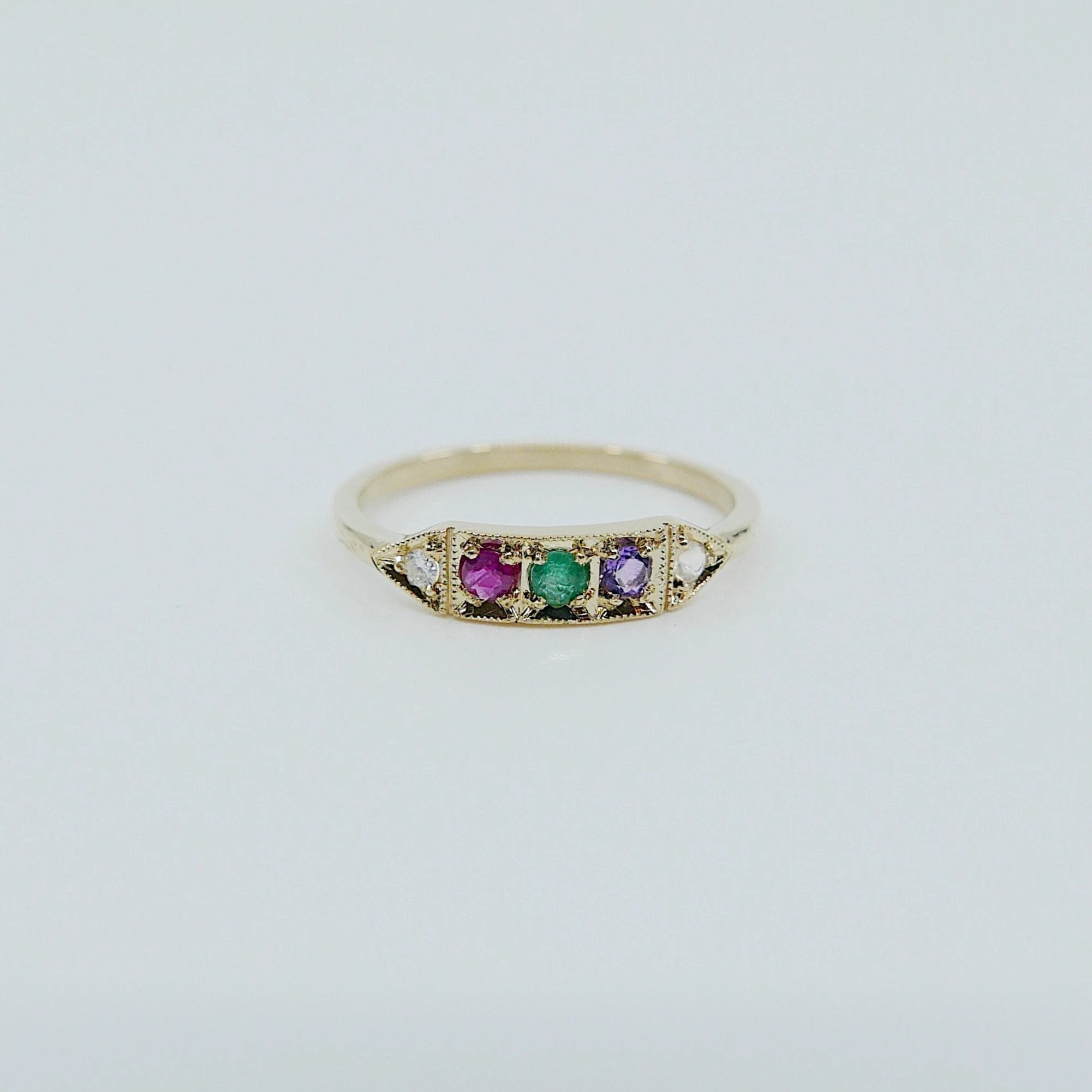 Ms. Goodbar DREAM acrostic ring, 14k stacking ring, Diamond, Ruby, Emerald, Amethyst, and Moonstone ring, Five stone ring, acrostic ring