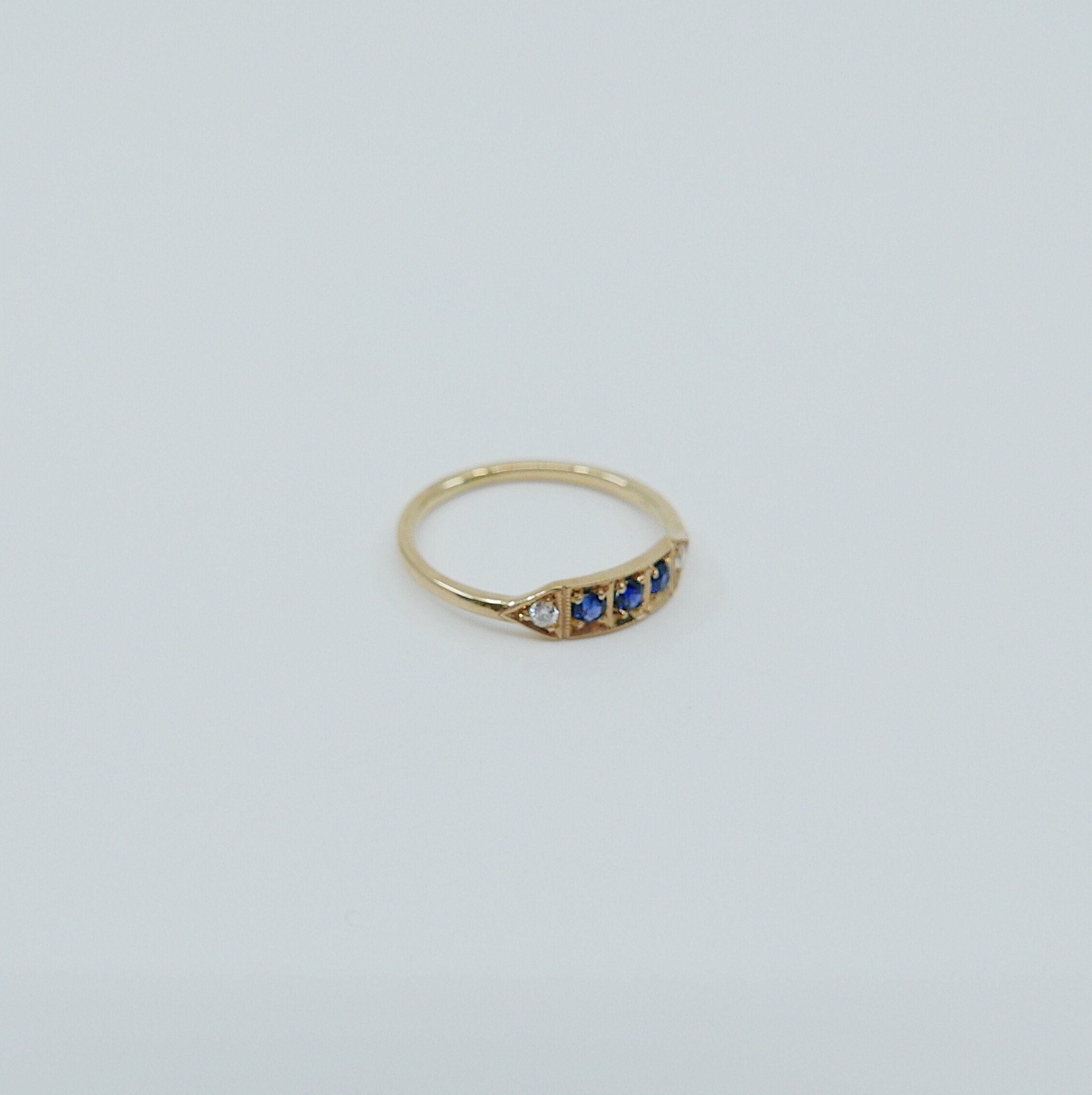 Ms. Goodbar Sapphire ring, 14k Stacking ring, Diamond and sapphire ring, Five stone ring, Diamond Bar ring, Sapphire Bar ring, Dainty band