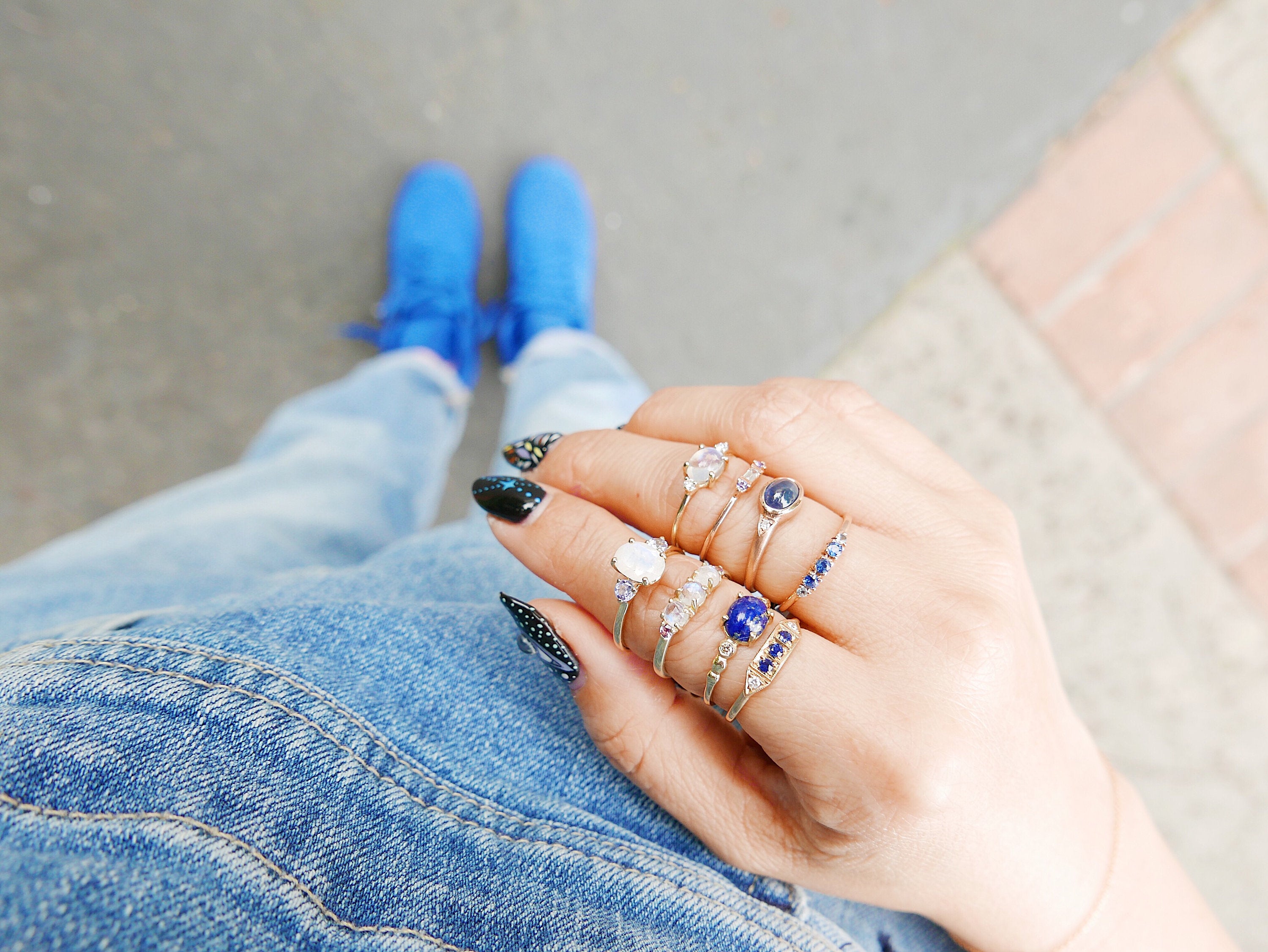 Ms. Goodbar Sapphire ring, 14k Stacking ring, Diamond and sapphire ring, Five stone ring, Diamond Bar ring, Sapphire Bar ring, Dainty band