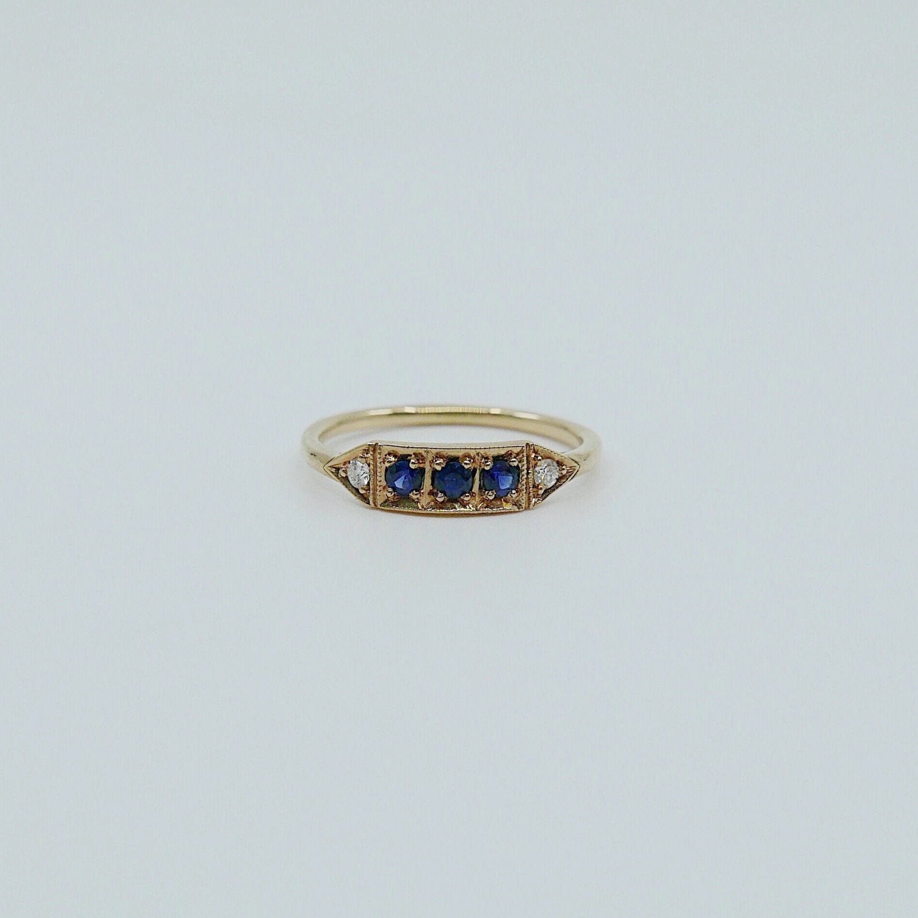 Ms. Goodbar Sapphire ring, 14k Stacking ring, Diamond and sapphire ring, Five stone ring, Diamond Bar ring, Sapphire Bar ring, Dainty band