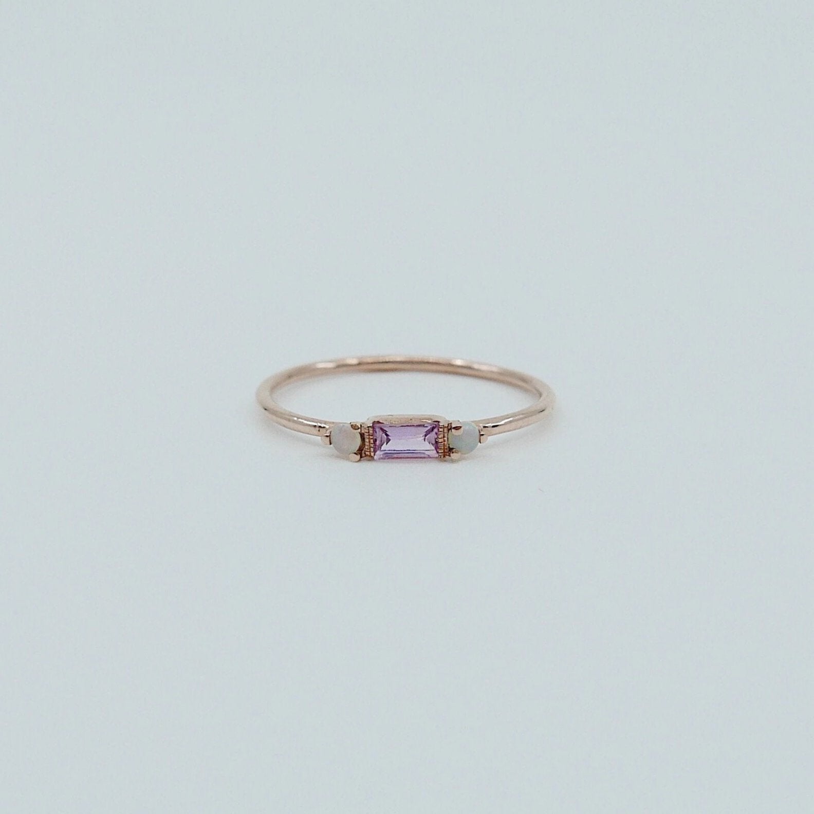 Limited Edition - Grand Baguette Sapphire Opal ring, 14k Stacking sapphire baguette ring, Three stone ring, Sapphire opal stacking ring