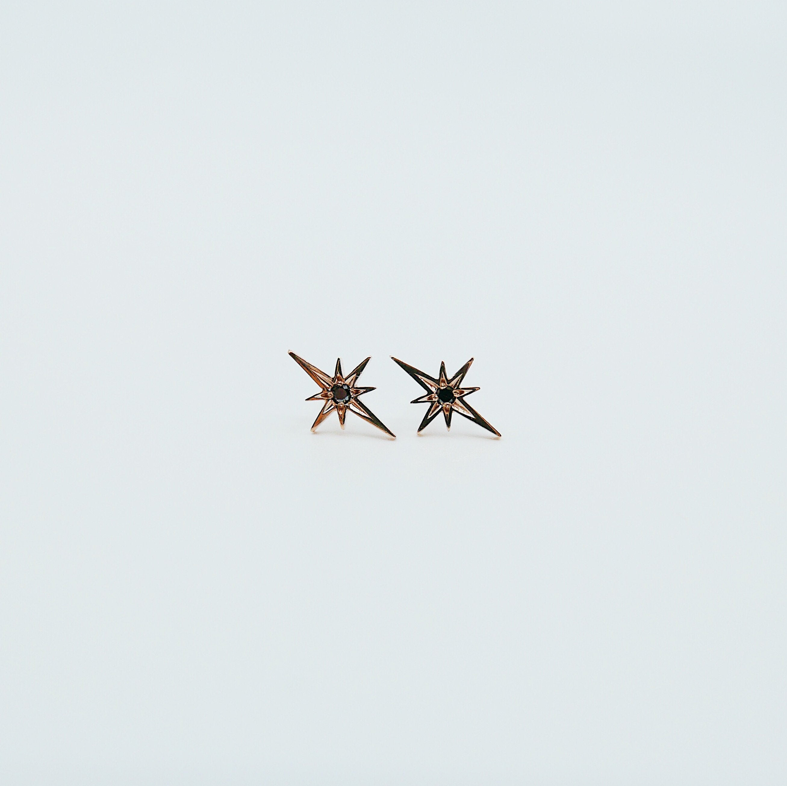 Polaris Earrings, 14k rose gold earrings, 14k Five Point star earrings, Starburst Earrings, Black Diamond Star Earrings, Diamond Starburst