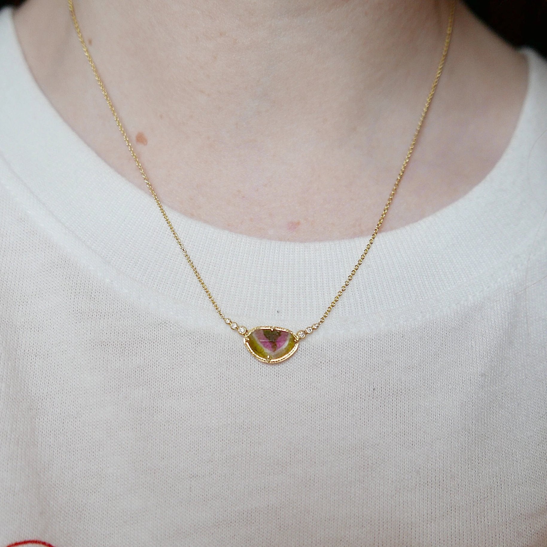 Ellipsis Watermelon tourmaline and Diamond Necklace, One of a kind unique gold tourmaline slice Necklace, pink and green tourmaline Necklace