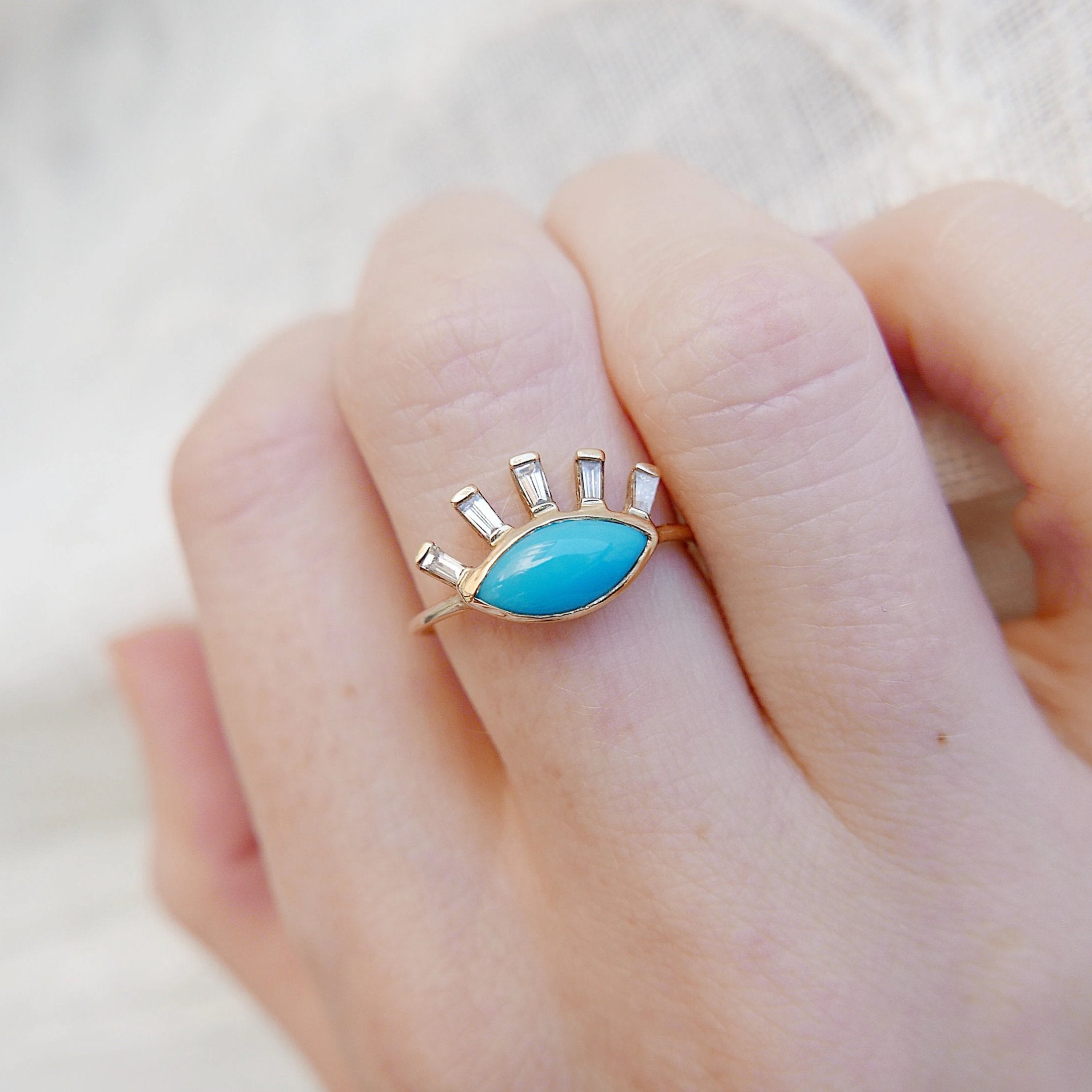 Turquoise eye ring, gold eye ring, third eye ring, Turquoise and diamond baguette ring, eye of horus ring, evil eye ring