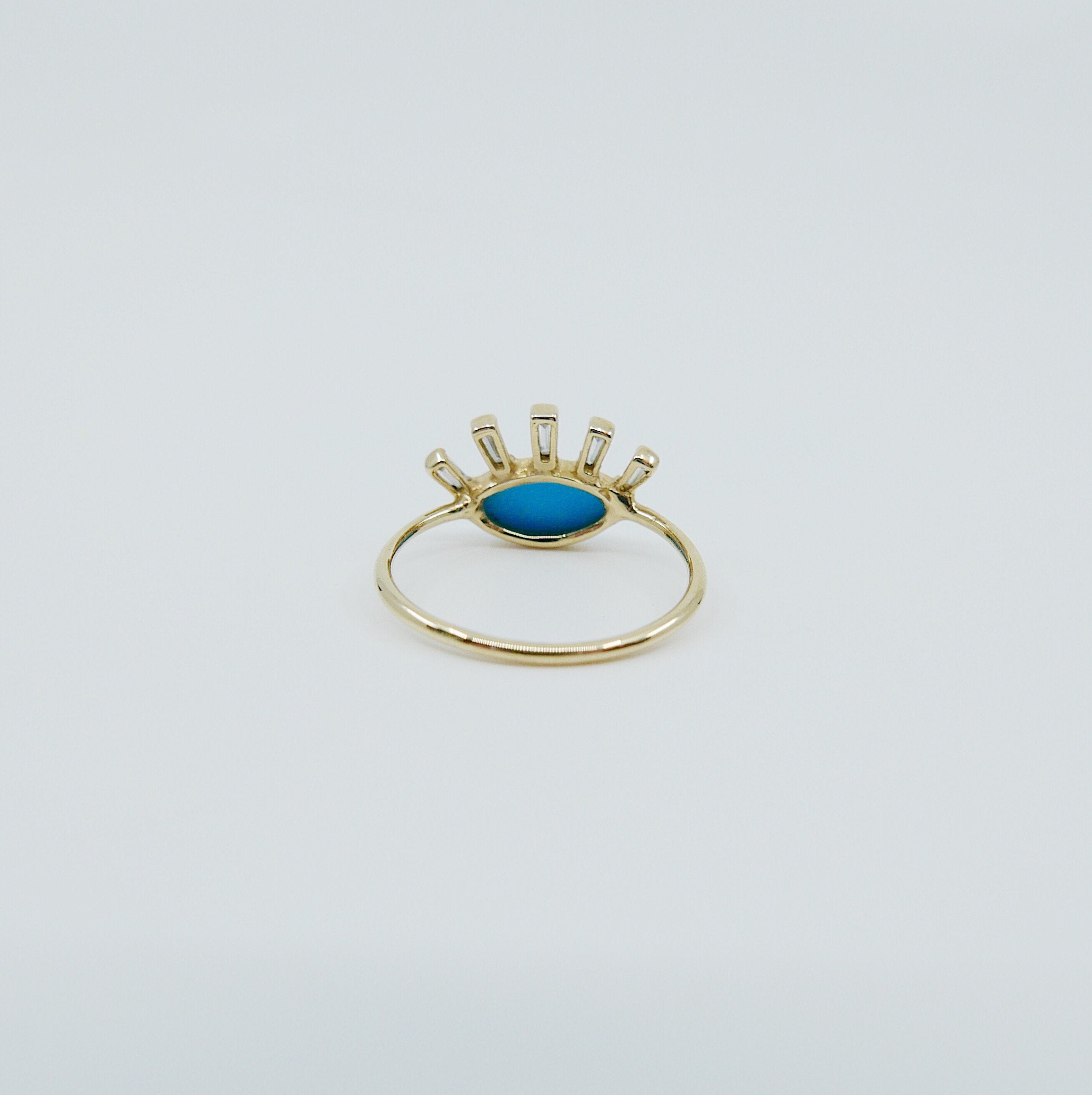 Turquoise eye ring, gold eye ring, third eye ring, Turquoise and diamond baguette ring, eye of horus ring, evil eye ring