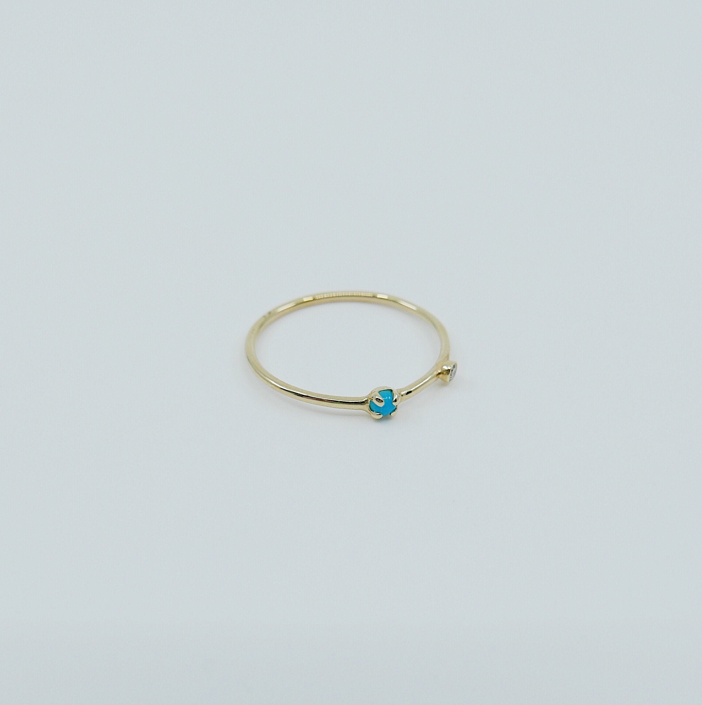 Turquoise Duet Ring (Small), 14k Diamond & turquoise Ring, Mini turquoise Ring, Two Stone Band, Stacking Band, Stacking Ring, 14k Gold Band