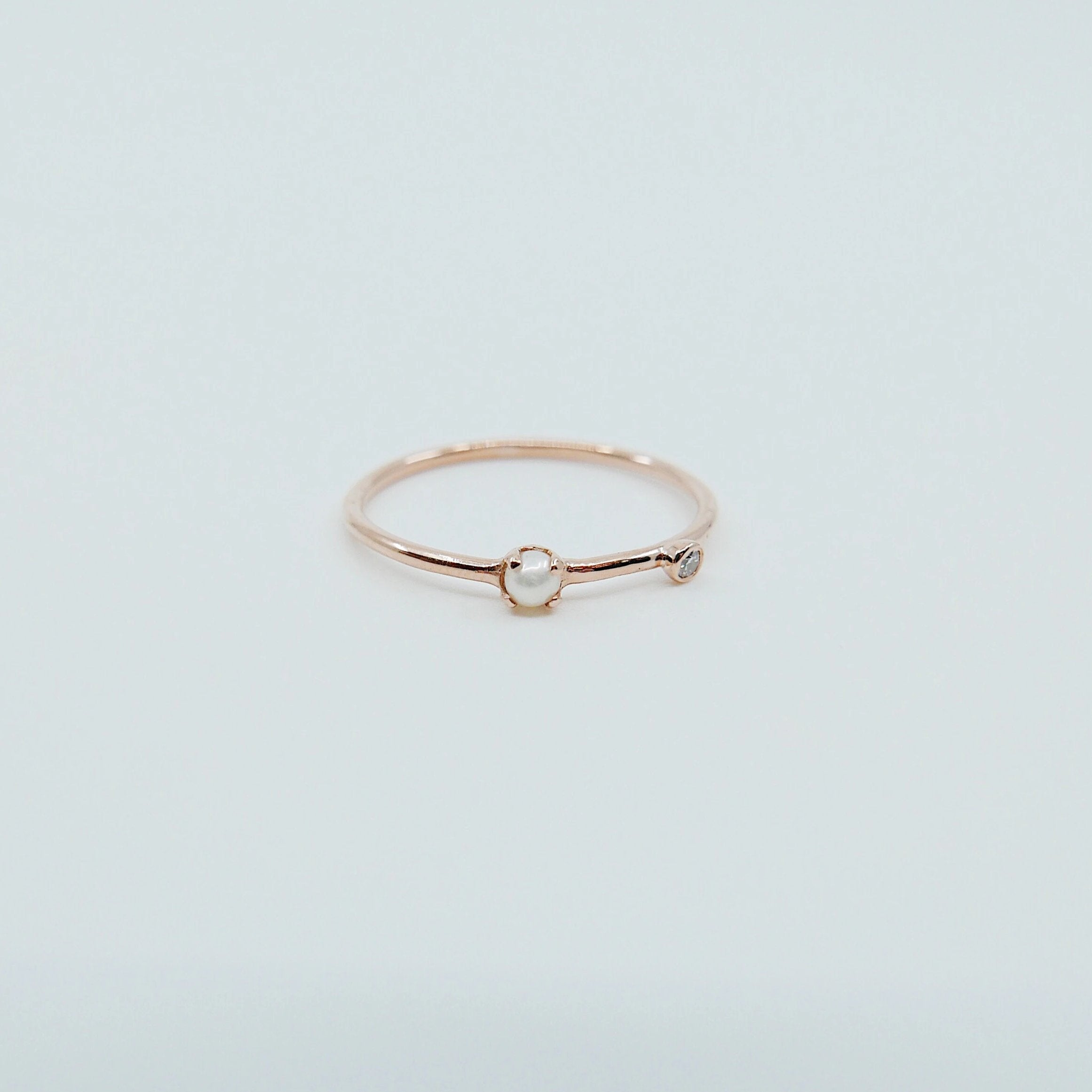 Pearl Duet Ring (Small), 14k Diamond and Pearl Ring, Mini Pearl Ring, Two Stone Band, Stacking Bands, Stacking Rings, 14k Gold Band, Wedding