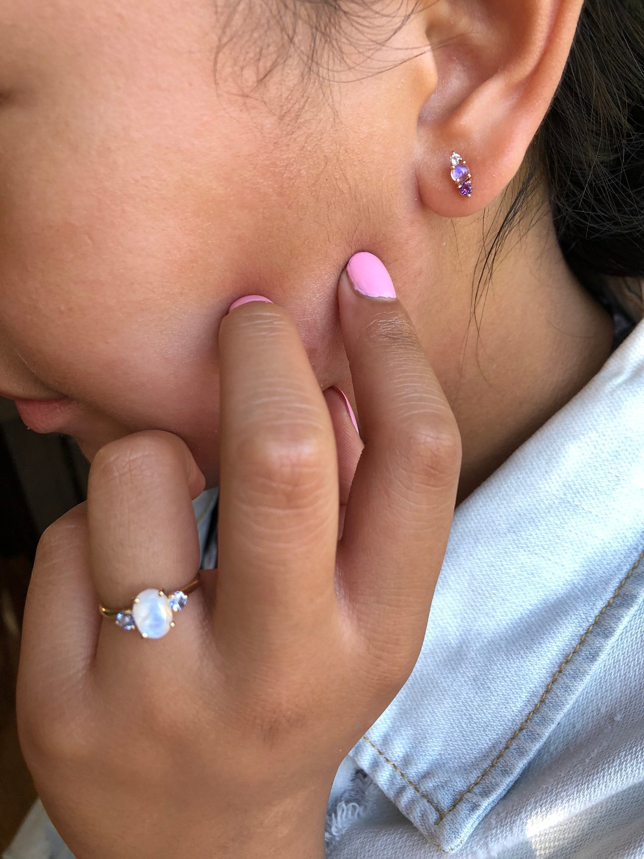 Oval moonstone ring, three stone ring, moonstone and tanzanite ring, 14k gold moonstone ring, north south ring