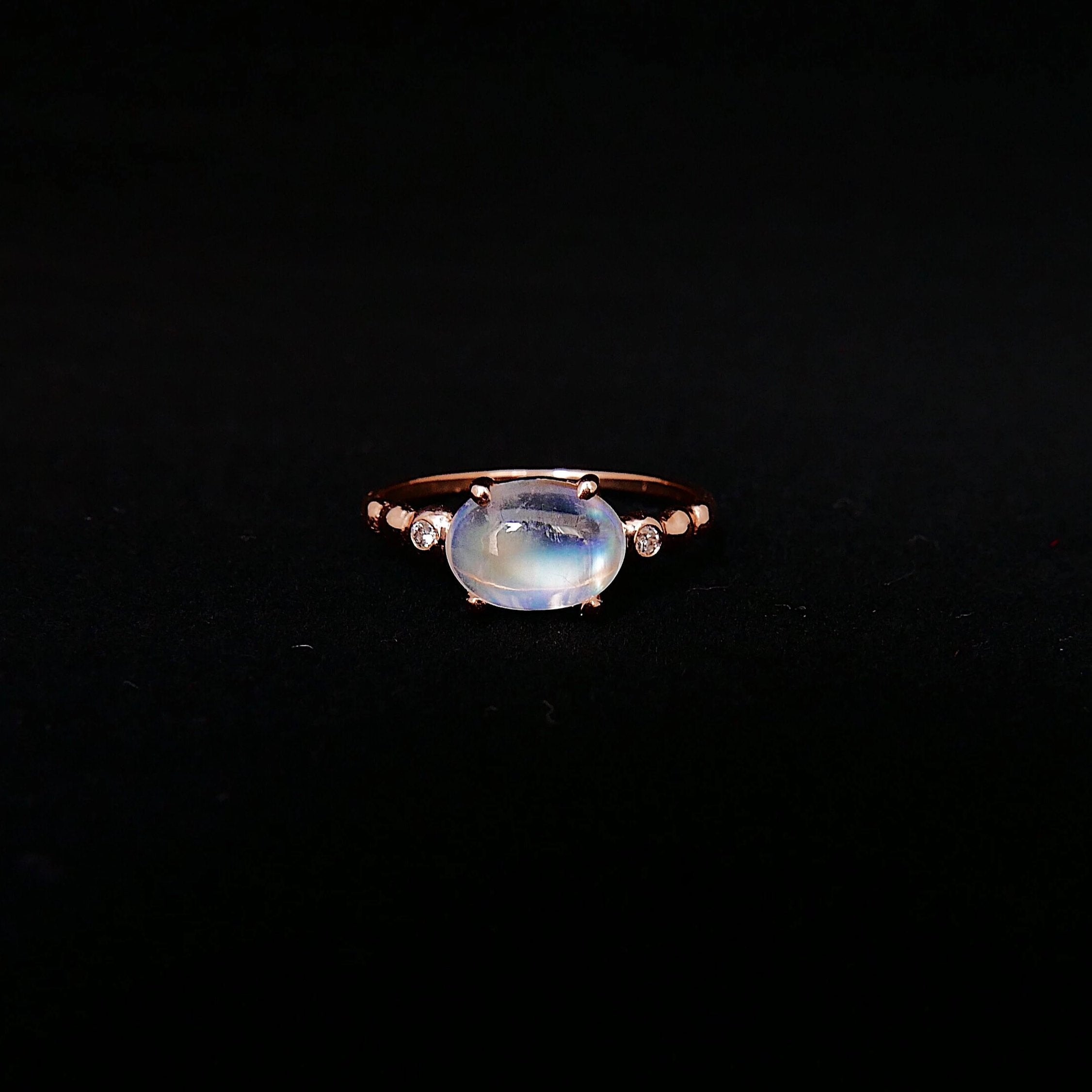 Ellipsis Oval Moonstone ring, three stone ring, Moonstone and diamond ring, 14k gold Moonstone ring