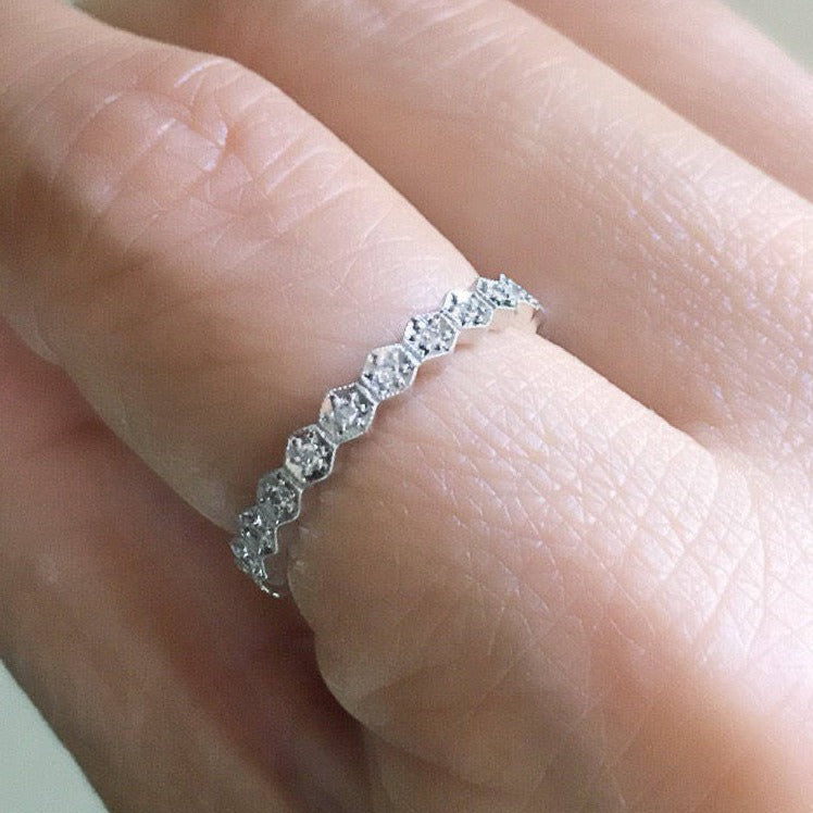 Hexagon Diamond Eternity band, diamond stacking band, wedding band, infinity Geometric ring, diamond infinity ring