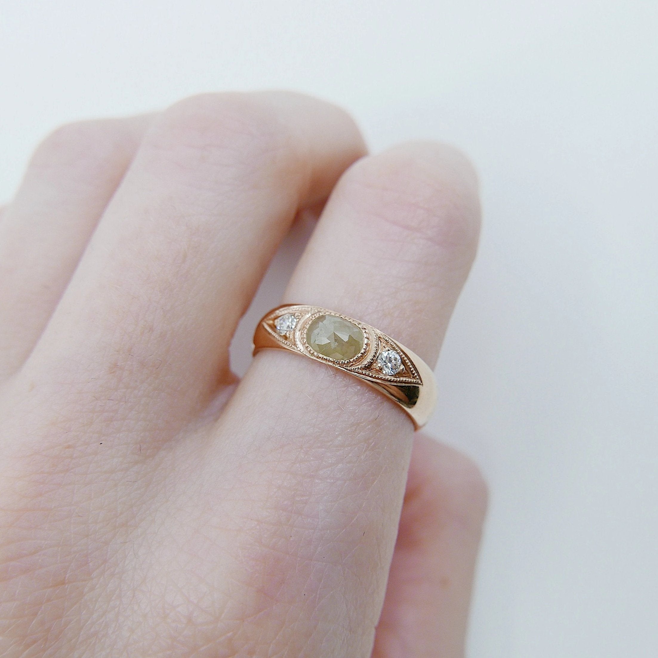 Indira Band, Rustic Diamond band, thick gold band, Rustic Diamond wedding band, 3 stone band, Rustic Diamond gypsy ring