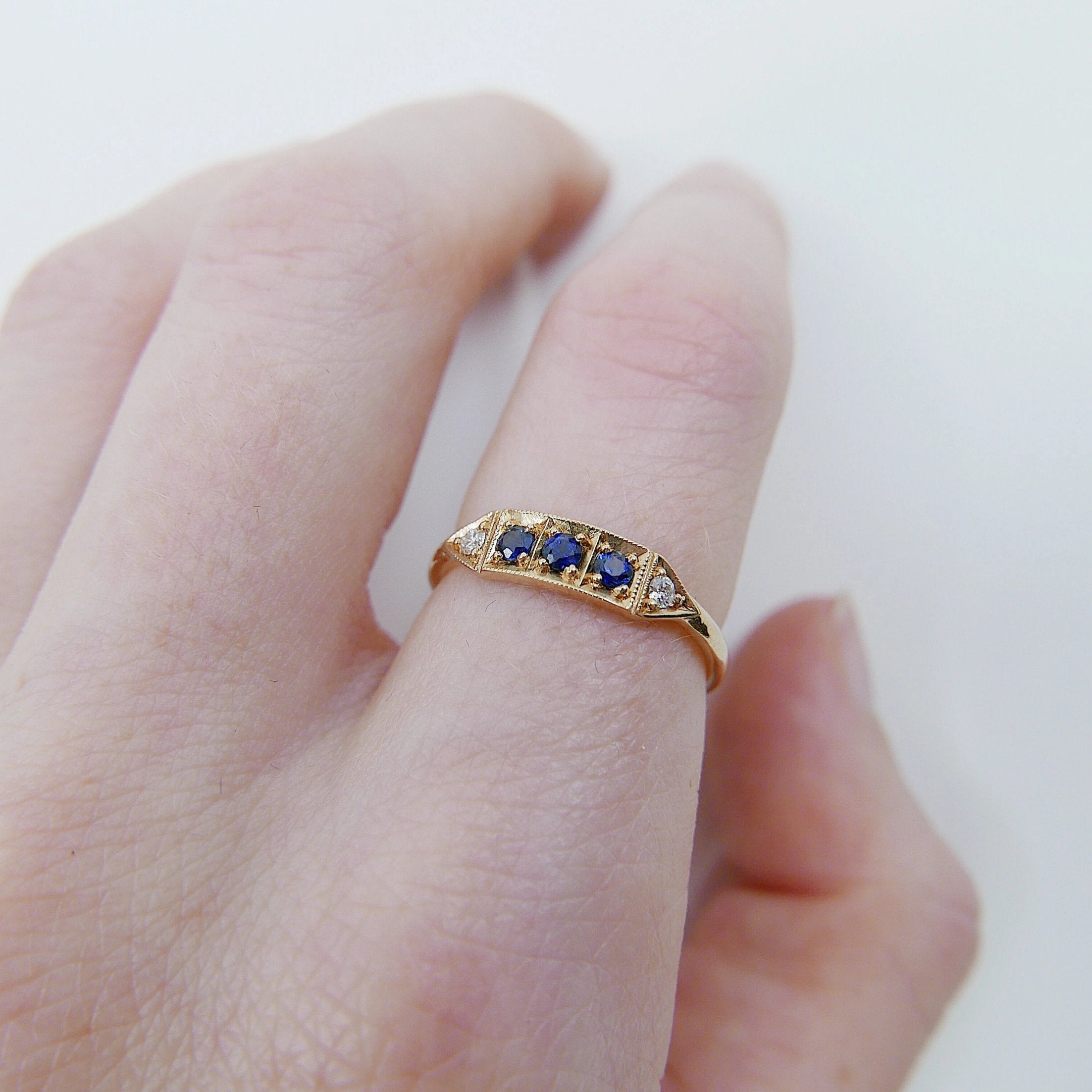 Ms. Goodbar Sapphire ring, 14k Stacking ring, Diamond and sapphire ring, Five stone ring, Diamond Bar ring, Sapphire Bar ring, Dainty band