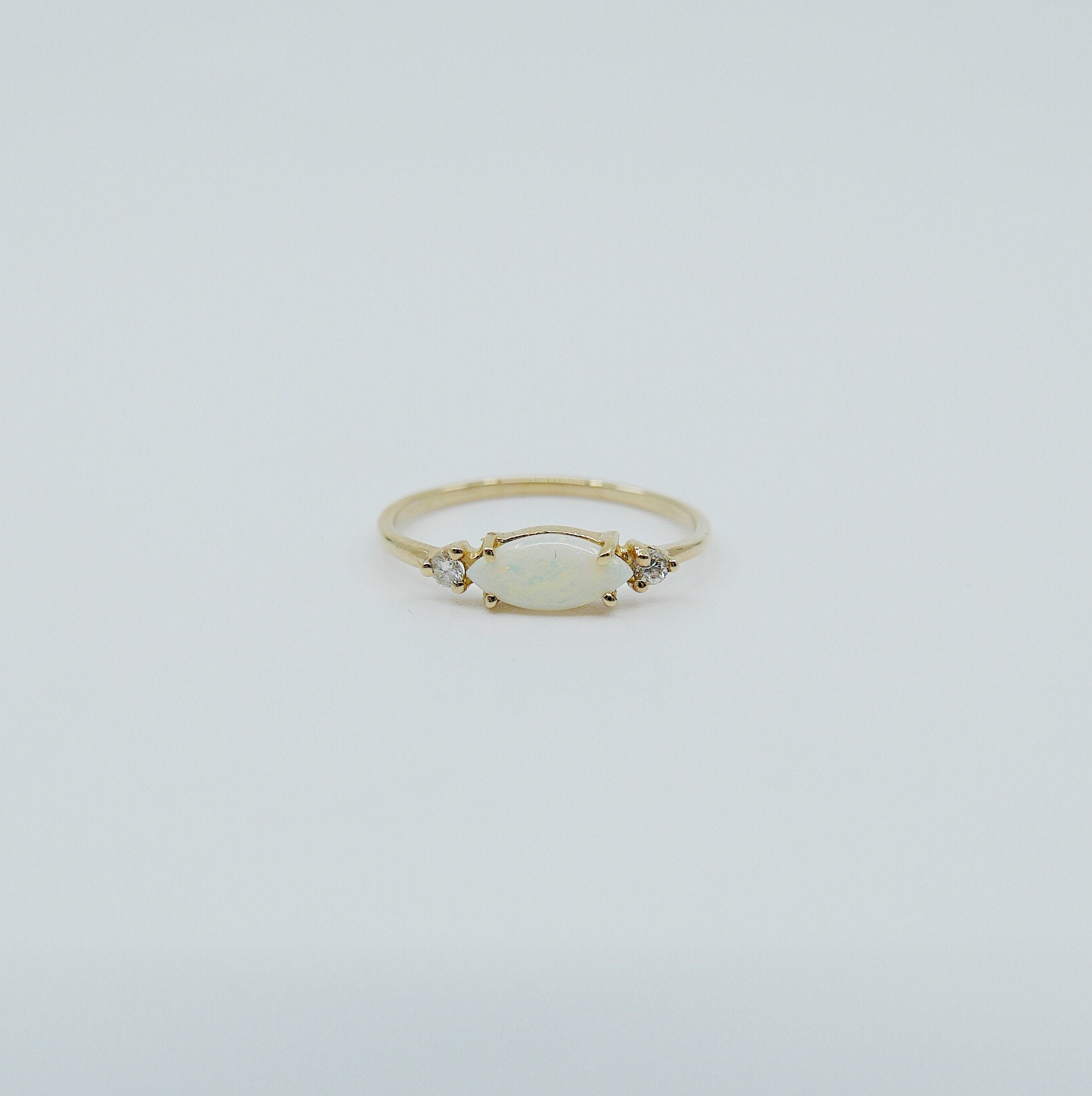 Twiggy ring, Sleek marquis opal ring, three stone ring, marquise opal and diamond ring, 14k gold opal ring