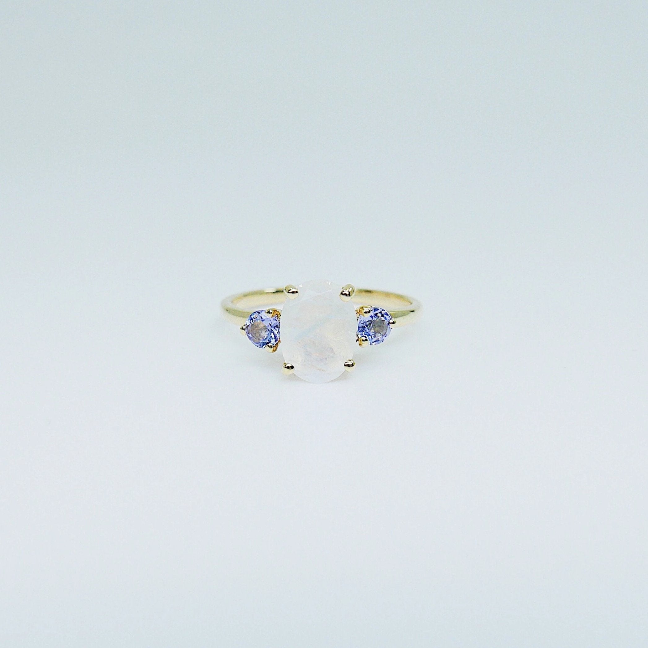 Oval moonstone ring, three stone ring, moonstone and tanzanite ring, 14k gold moonstone ring, north south ring