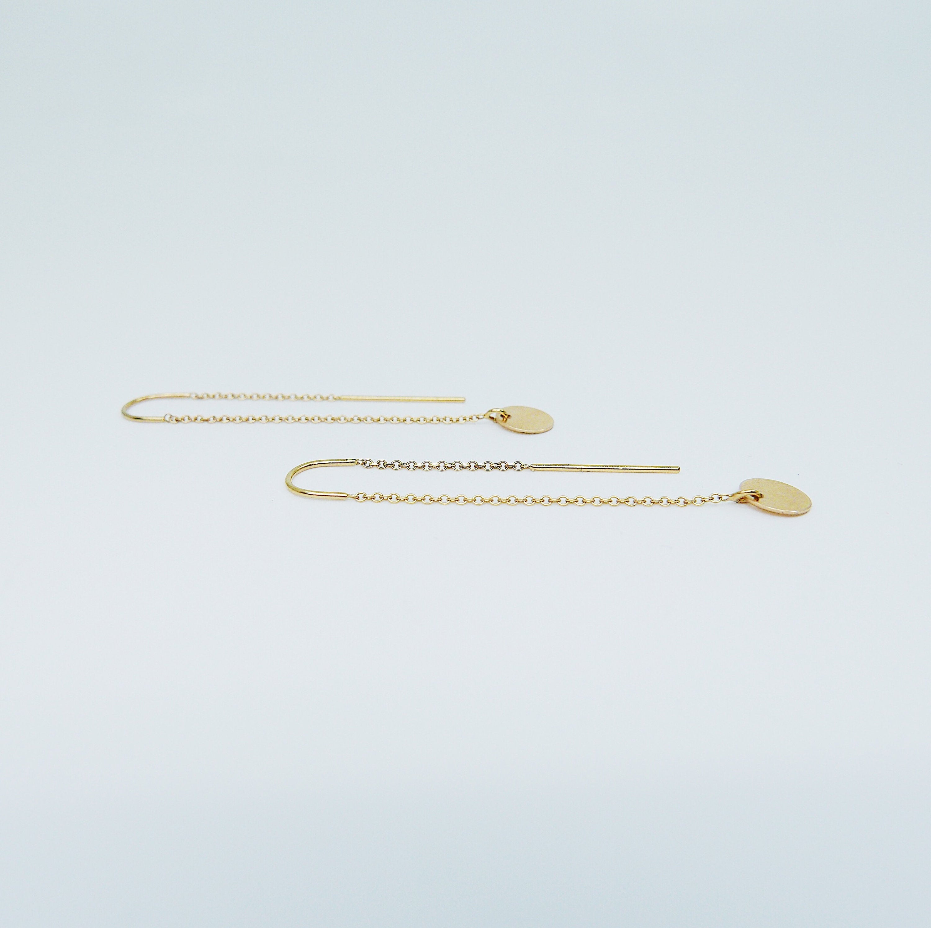 14k Solstice earrings, disc ear thread, 14k Gold disc earring, Circle ear thread, circle earring