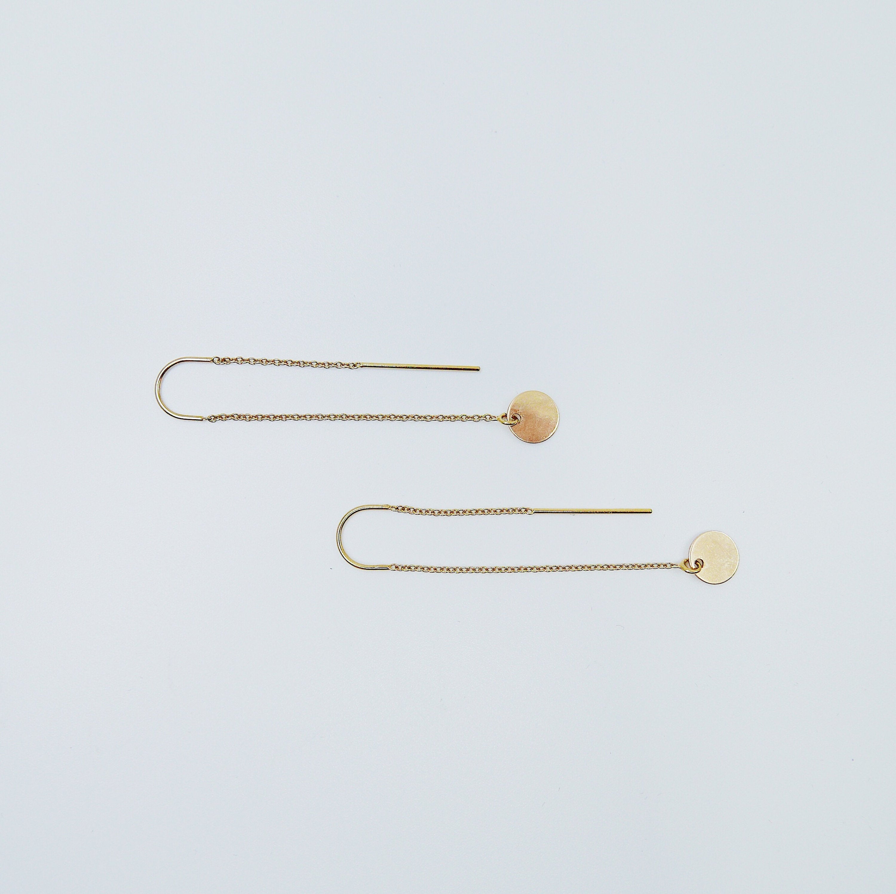 14k Solstice earrings, disc ear thread, 14k Gold disc earring, Circle ear thread, circle earring