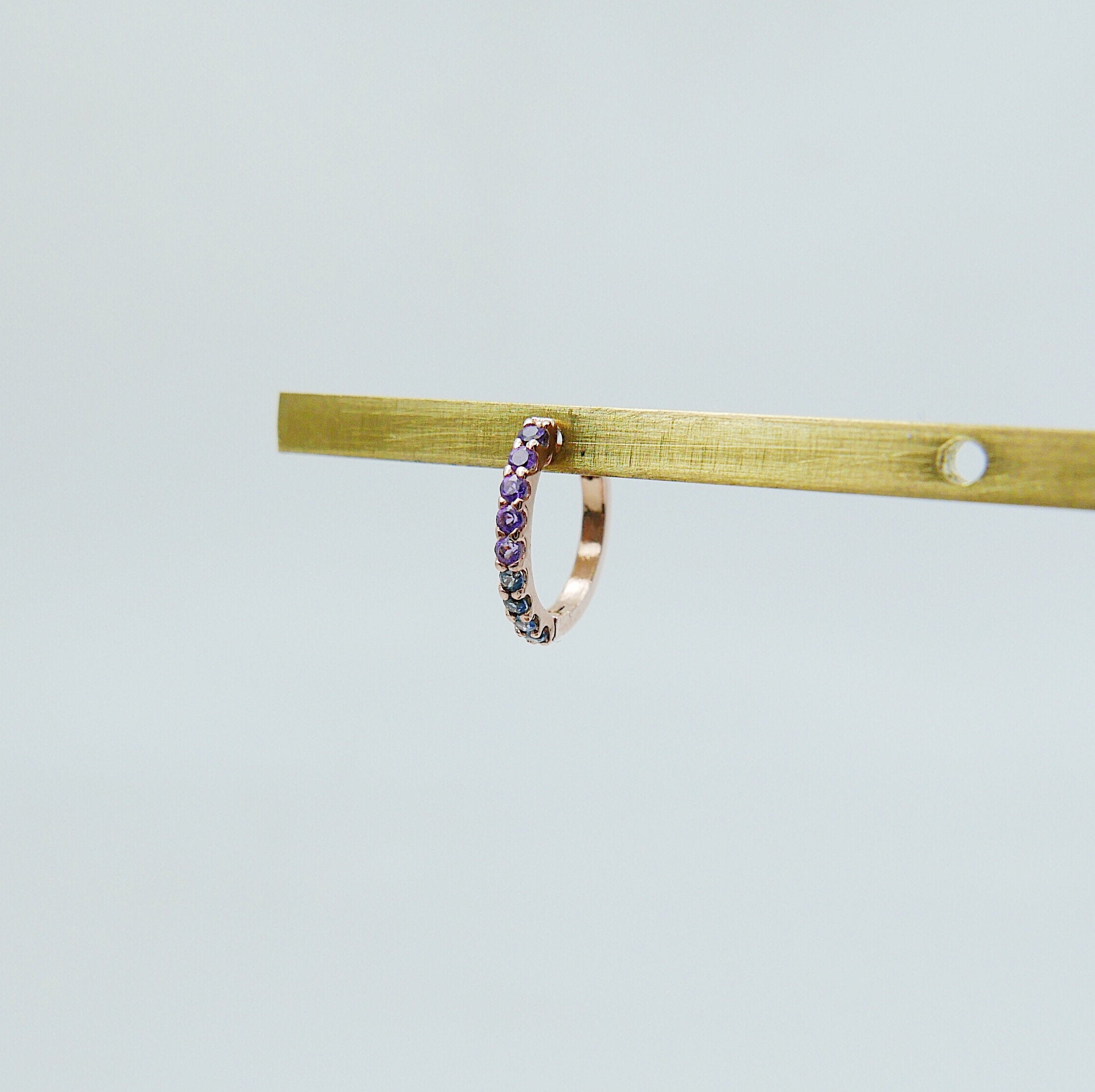 Mini Bi-Color Hoop Earring, Amethyst and Blue Sapphire Hoop Earring, Purple and Blue Hoop Earring, Bi-Color Hoop Earring