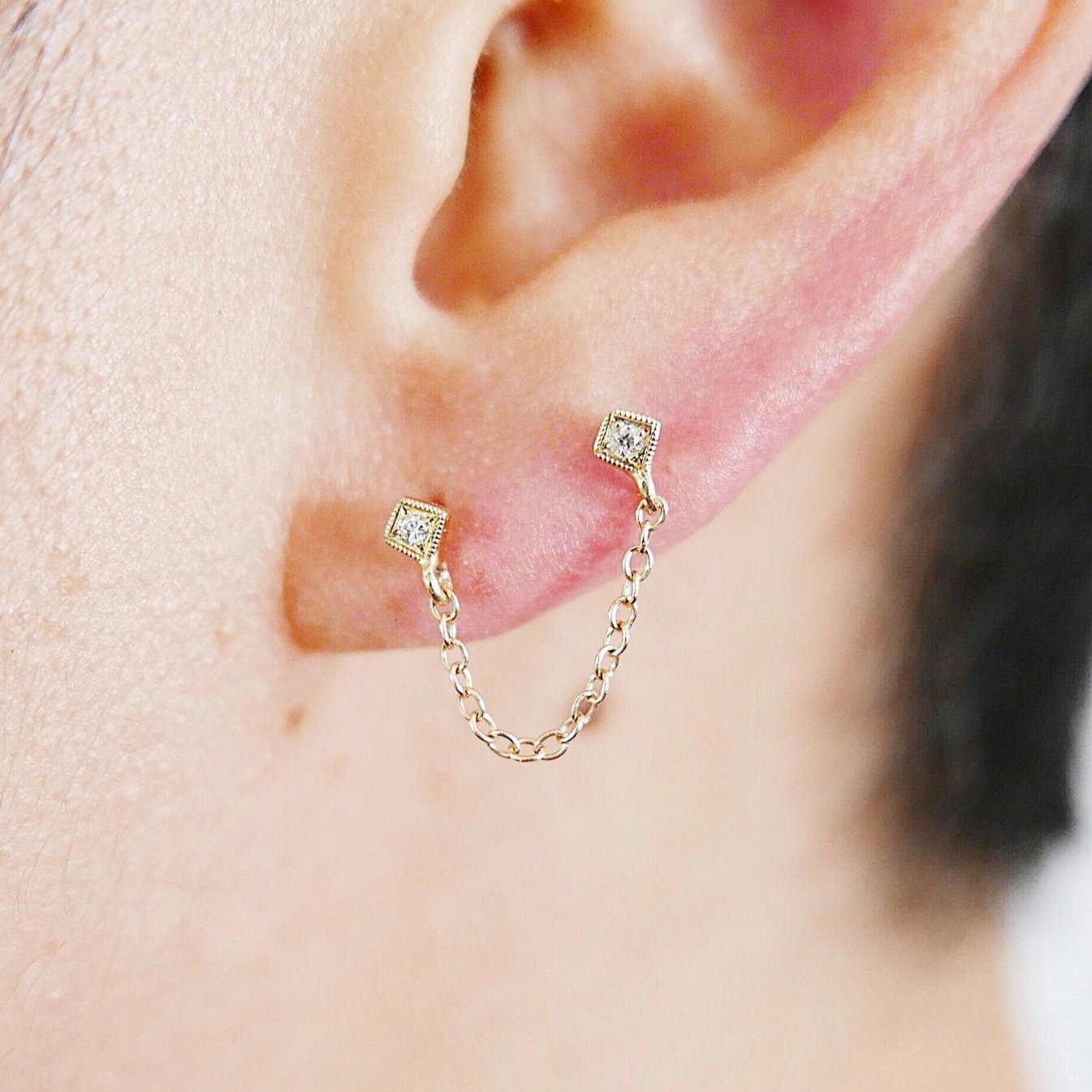 Block Chain Duo Earring, Emerald Chain Duo Earring, Diamond Chain Duo Earring, Ruby Chain Duo Earring, Sapphire Chain Duo Earring