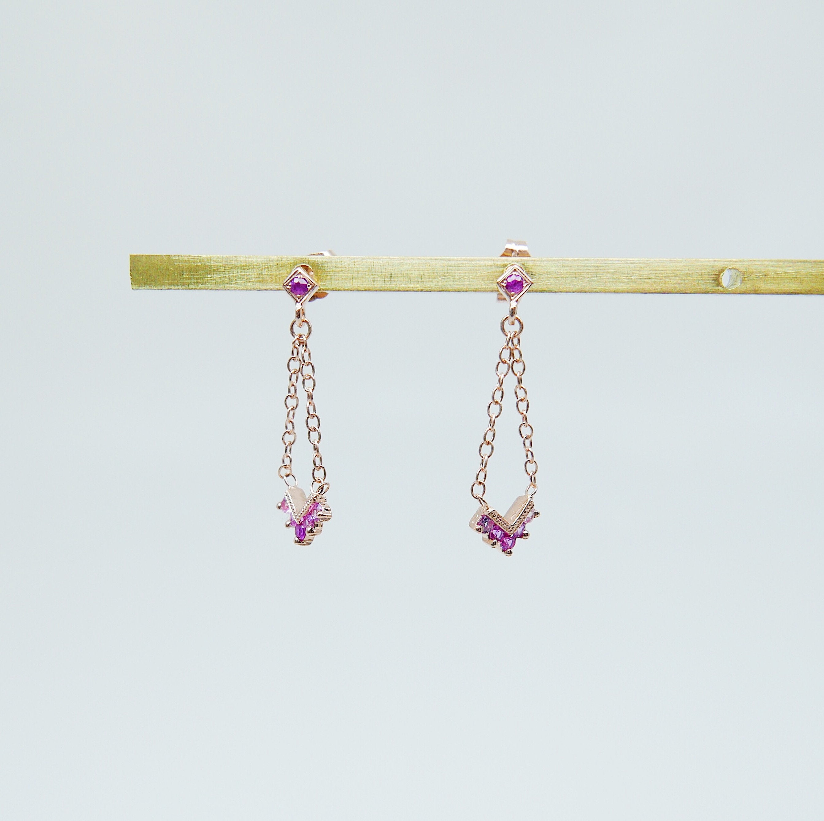 Chevron Pink Sapphire Ombre Block Earrings, Chain Earrings, Drop Earrings, Pink Sapphire Earrings, Chevron Earrings, Dangle Earrings