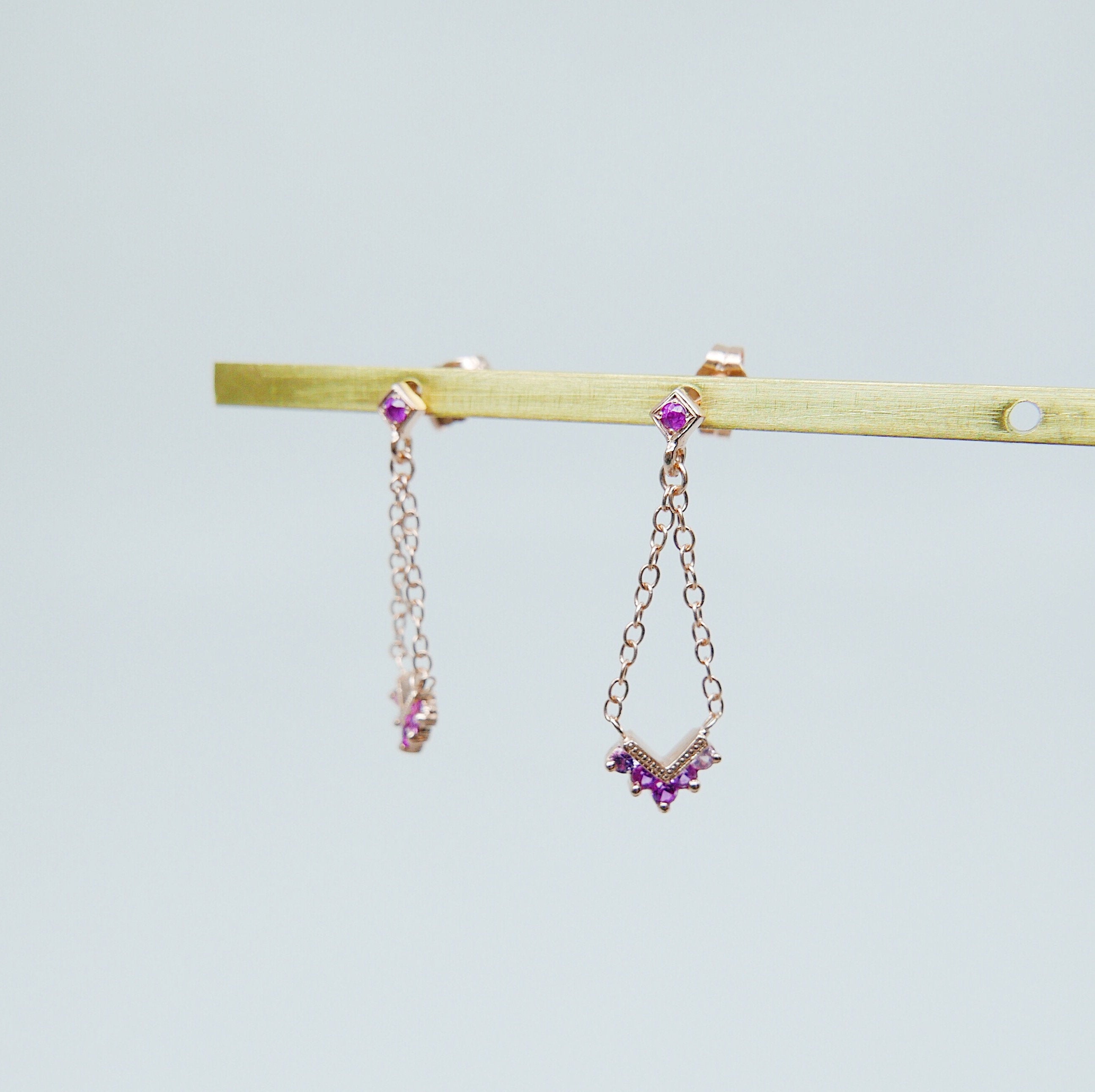 Chevron Pink Sapphire Ombre Block Earrings, Chain Earrings, Drop Earrings, Pink Sapphire Earrings, Chevron Earrings, Dangle Earrings