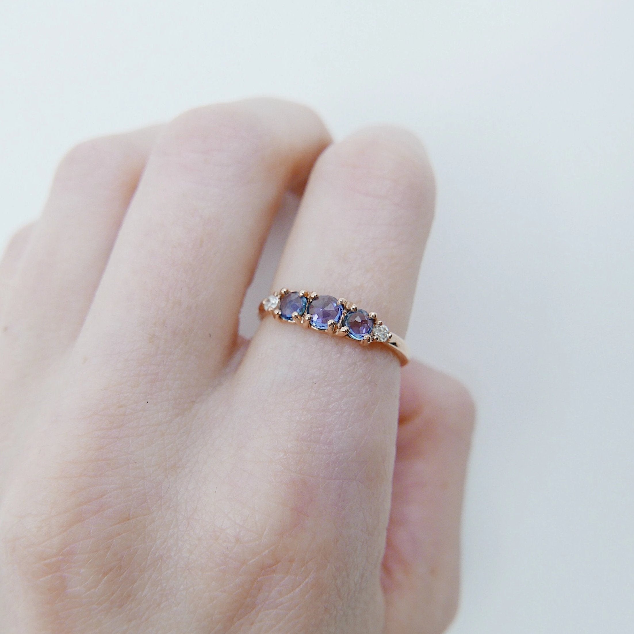 Hailey Sapphire and Diamond five stone ring, 5 stone band, rose cut Sapphire and diamond ring, 14k gold stone ring, five stone ring