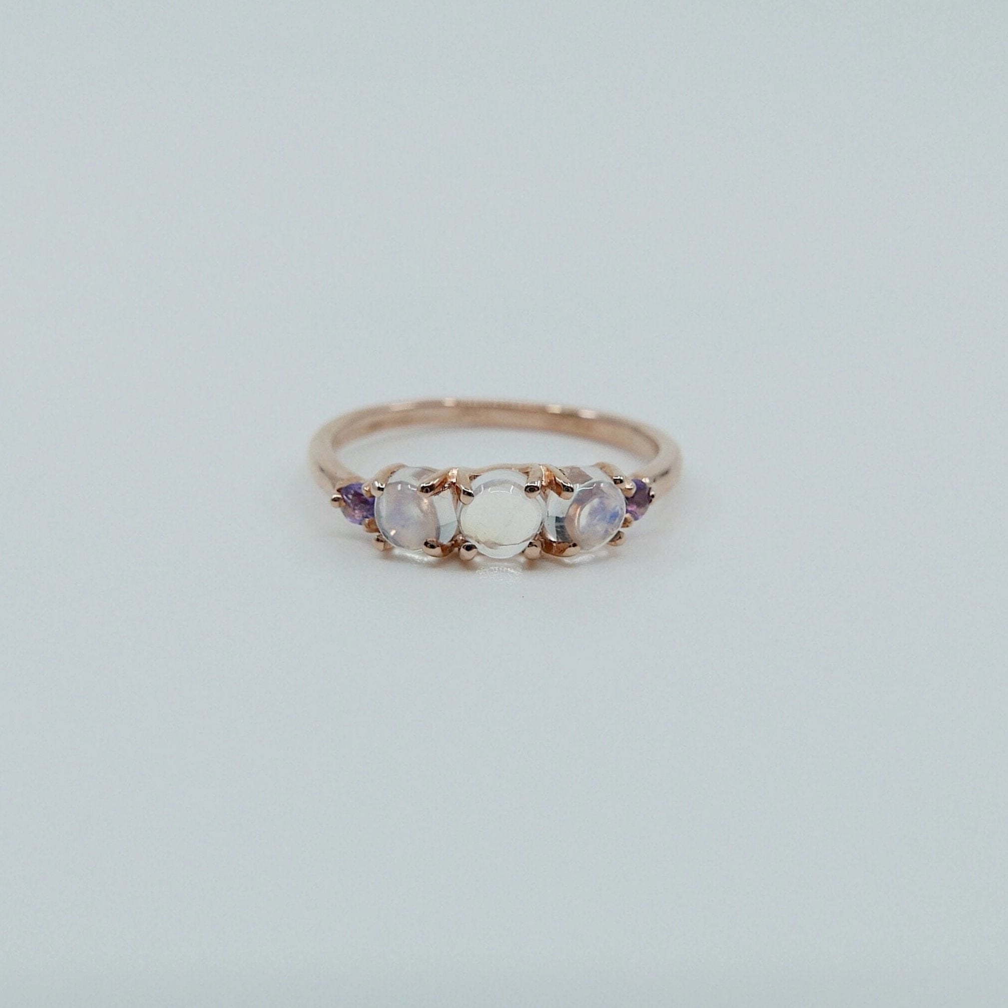 Hailey Moonstone Five Stone Ring, Moonstone and Amethyst band, 14k gold glowing stone ring, five stone ring, cabochon moonstone ring