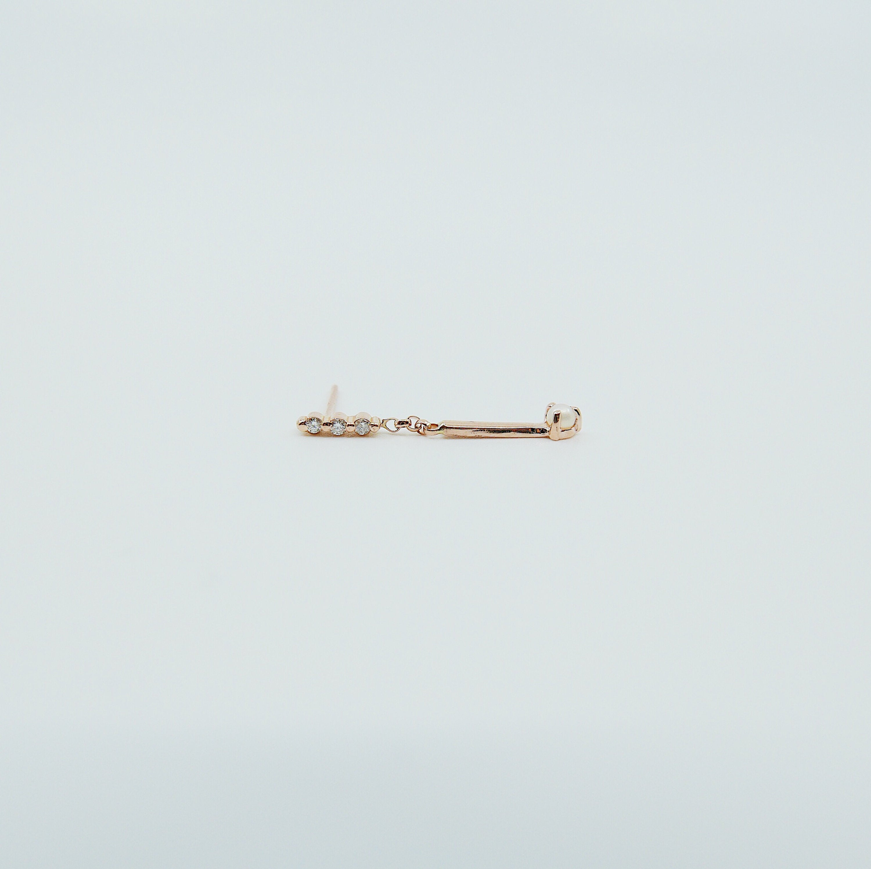 Pearl Matchstick Diamond Earring, 14k Gold Diamond Bar Earring, 14k Gold Pearl Dangle Earring, Diamond and Pearl Earring, Pearl and Diamond