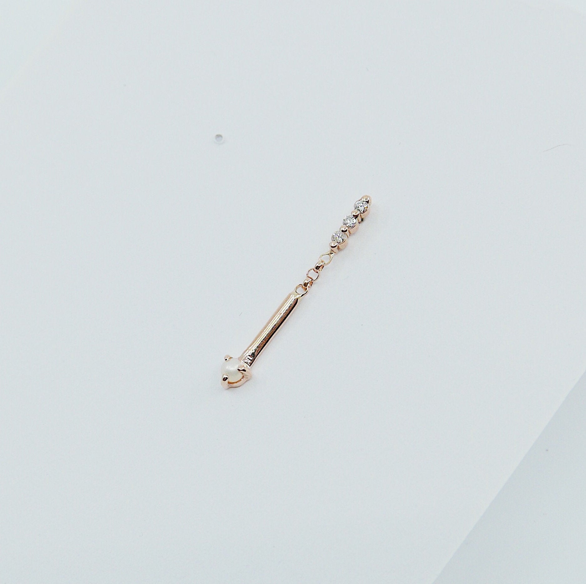 Pearl Matchstick Diamond Earring, 14k Gold Diamond Bar Earring, 14k Gold Pearl Dangle Earring, Diamond and Pearl Earring, Pearl and Diamond