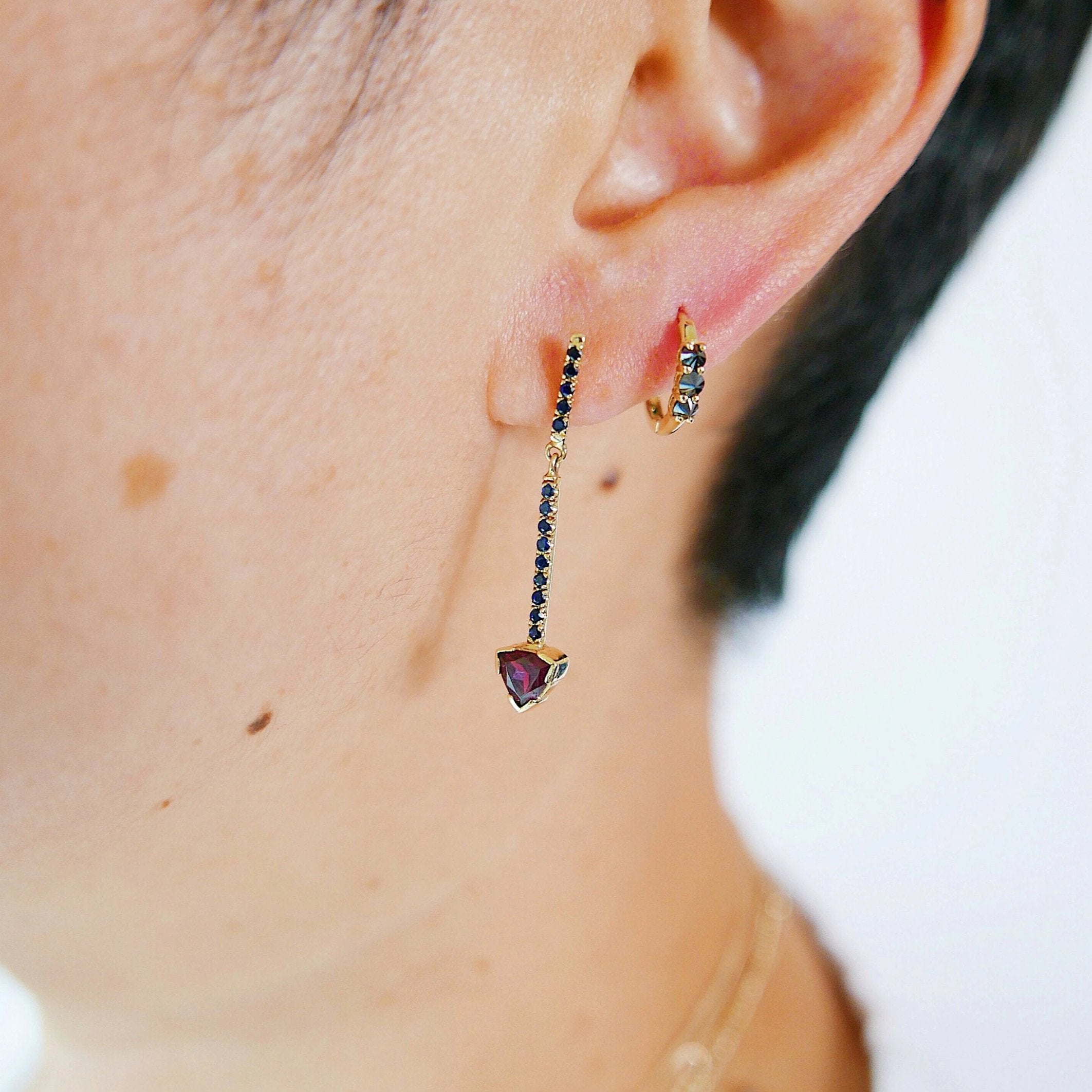 Sticks and Stones Trillion Duo Earring, 14k Gold Rhodolite Garnet Bar Earring, 14k Gold Sapphire Dangle Earring