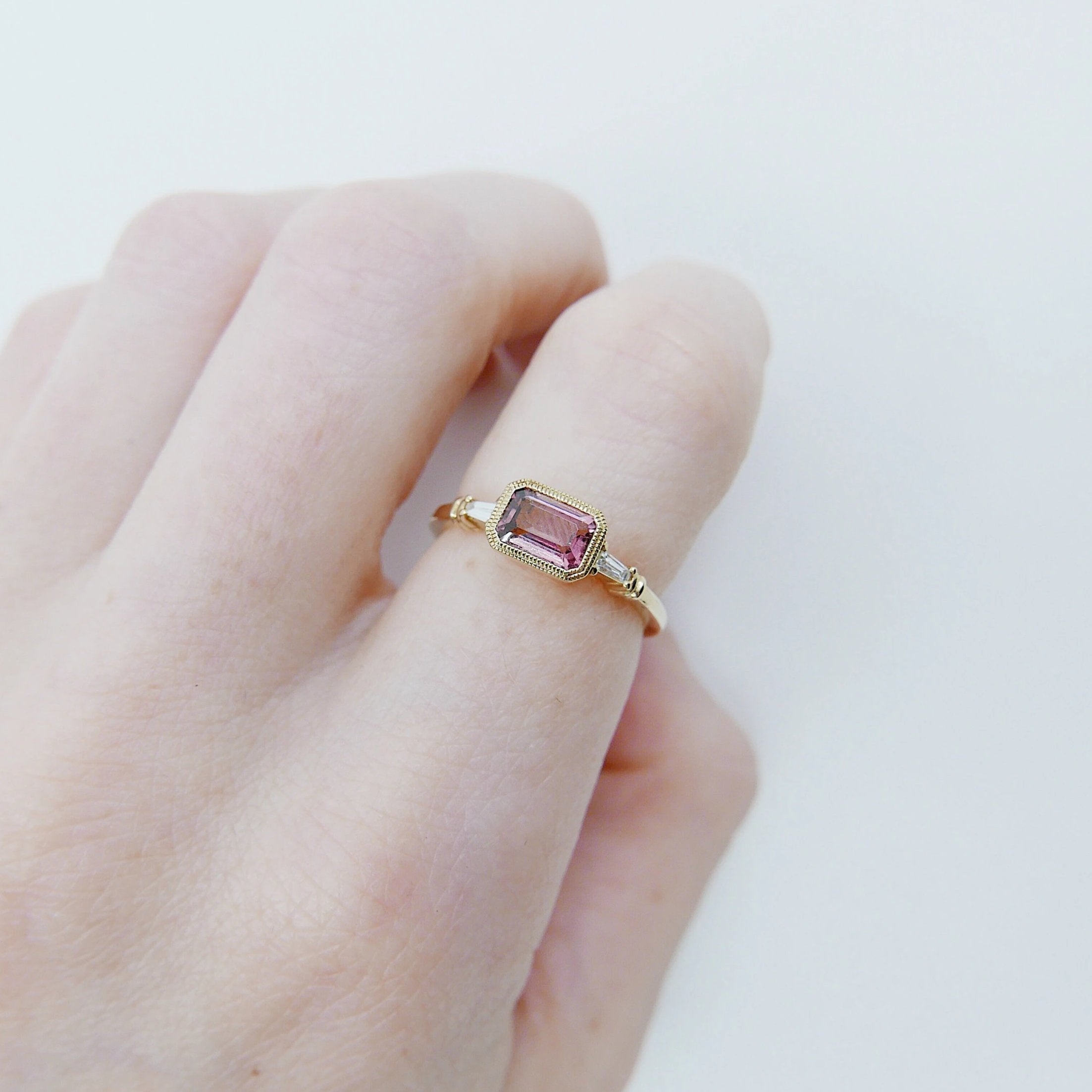 Maggey Pink Tourmaline Ring, 14k Stacking ring, Diamond and tourmaline ring, Tourmaline ring, Diamond ring, Vintage inspired ring