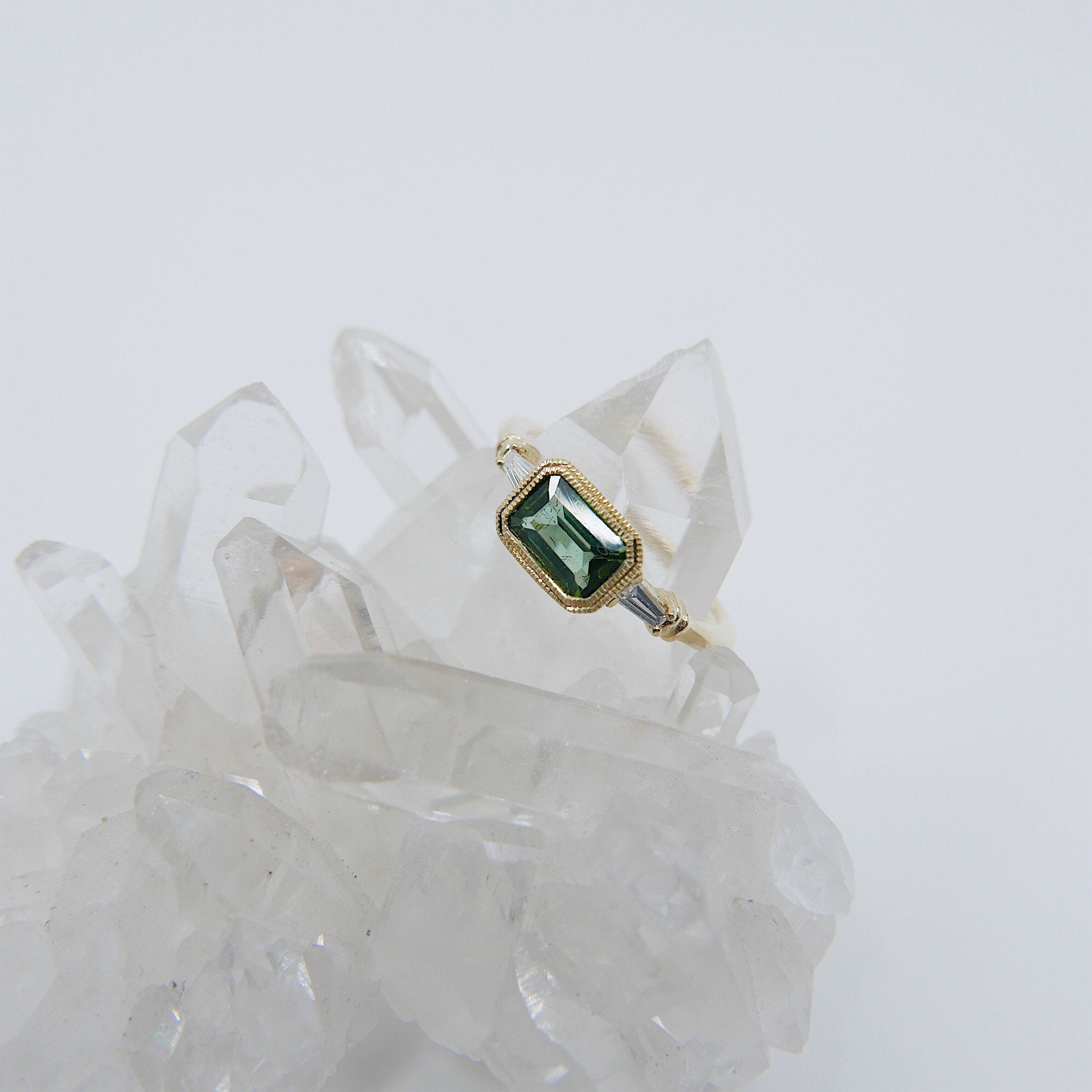 Maggey Green Tourmaline Ring, 14k Stacking ring, Diamond and tourmaline ring, Tourmaline ring, Diamond ring, Vintage inspired ring