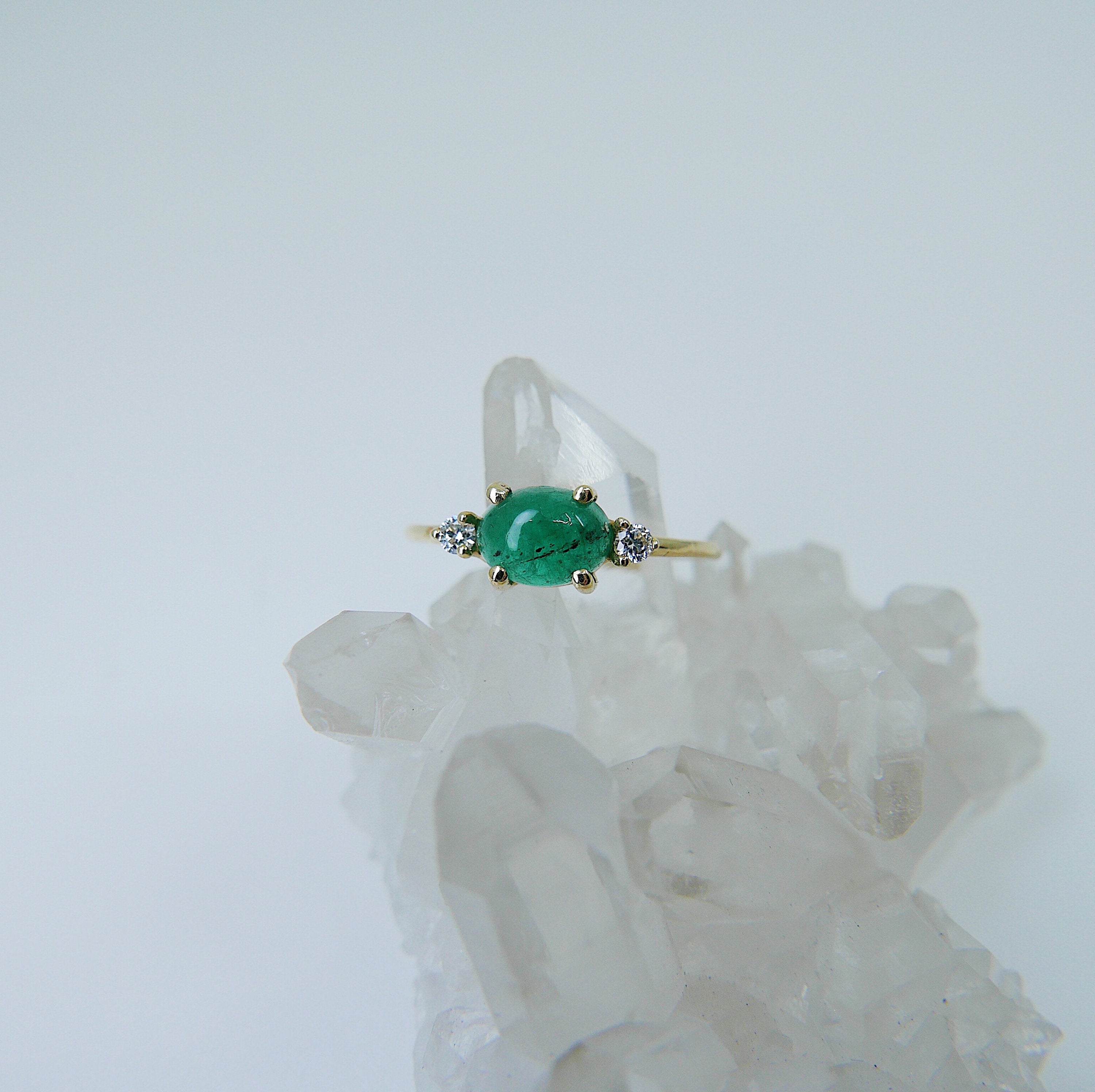 Oval Emerald ring, three stone ring, emerald and diamond ring, 14k gold emerald ring, emerald cabochon